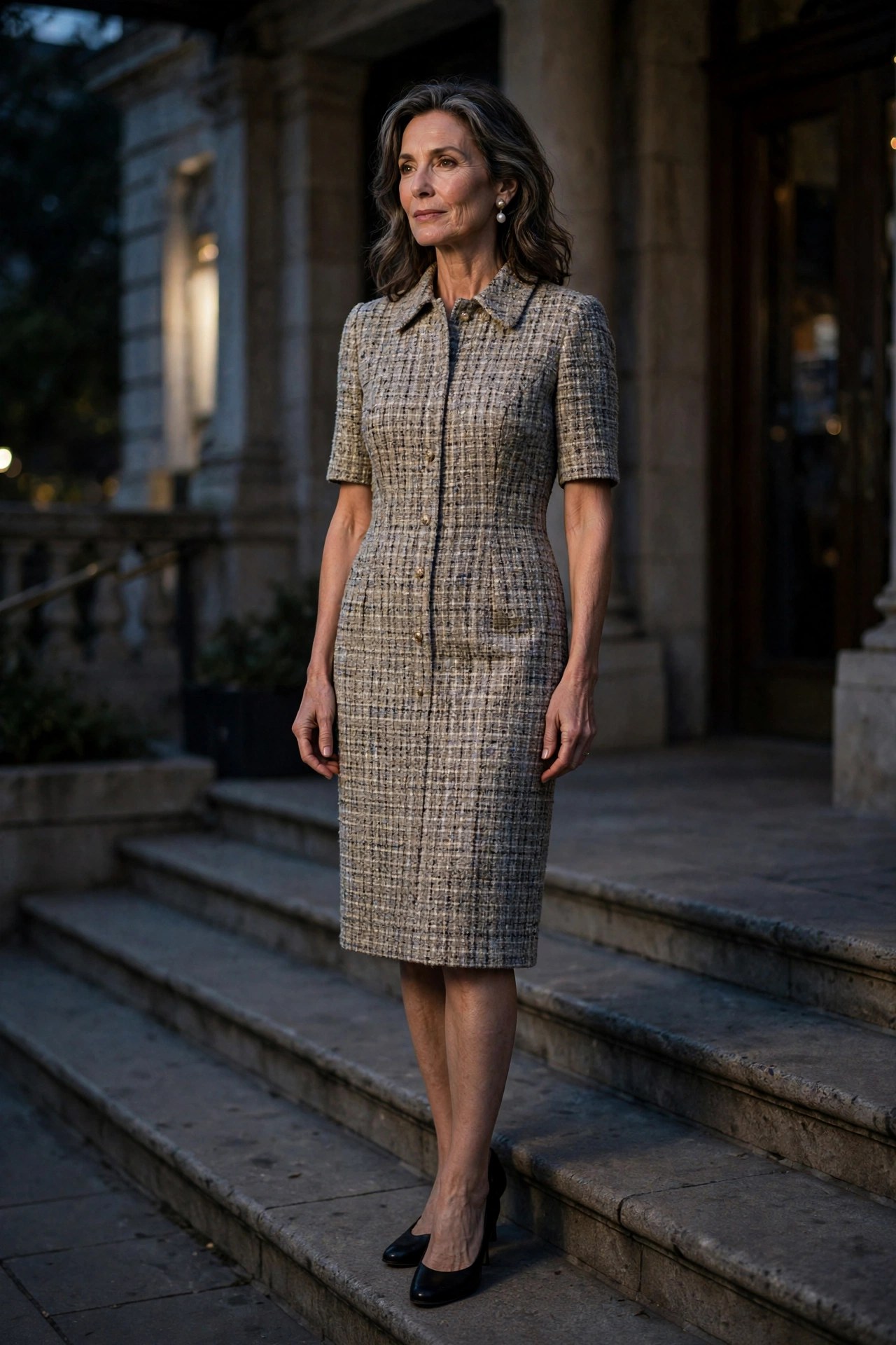 Elegant woman in her 50s wearing a tweed sheath dress with pearls on theater steps