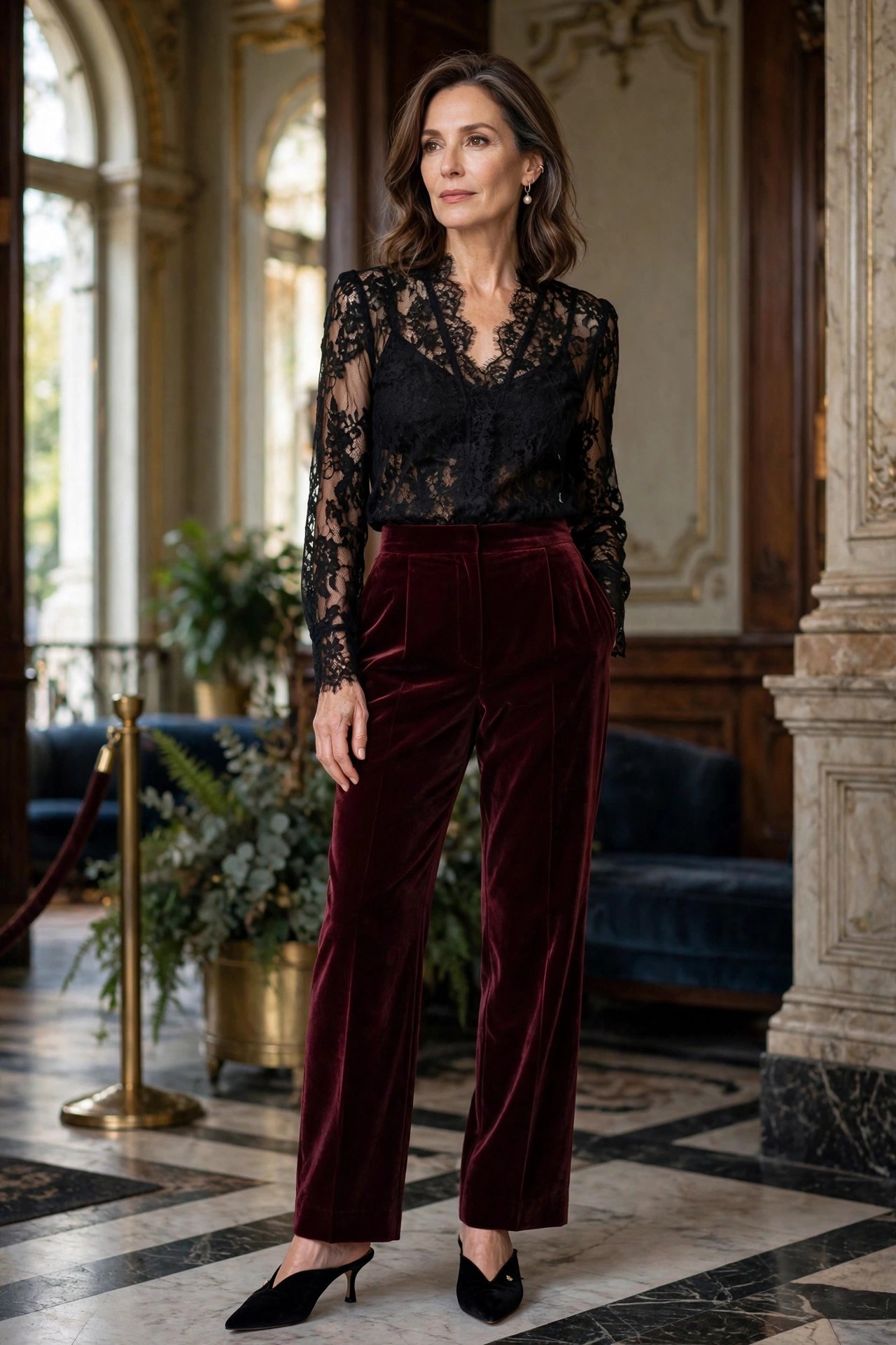 Elegant woman in her 50s wearing a black lace blouse with burgundy velvet trousers in a theater lobby