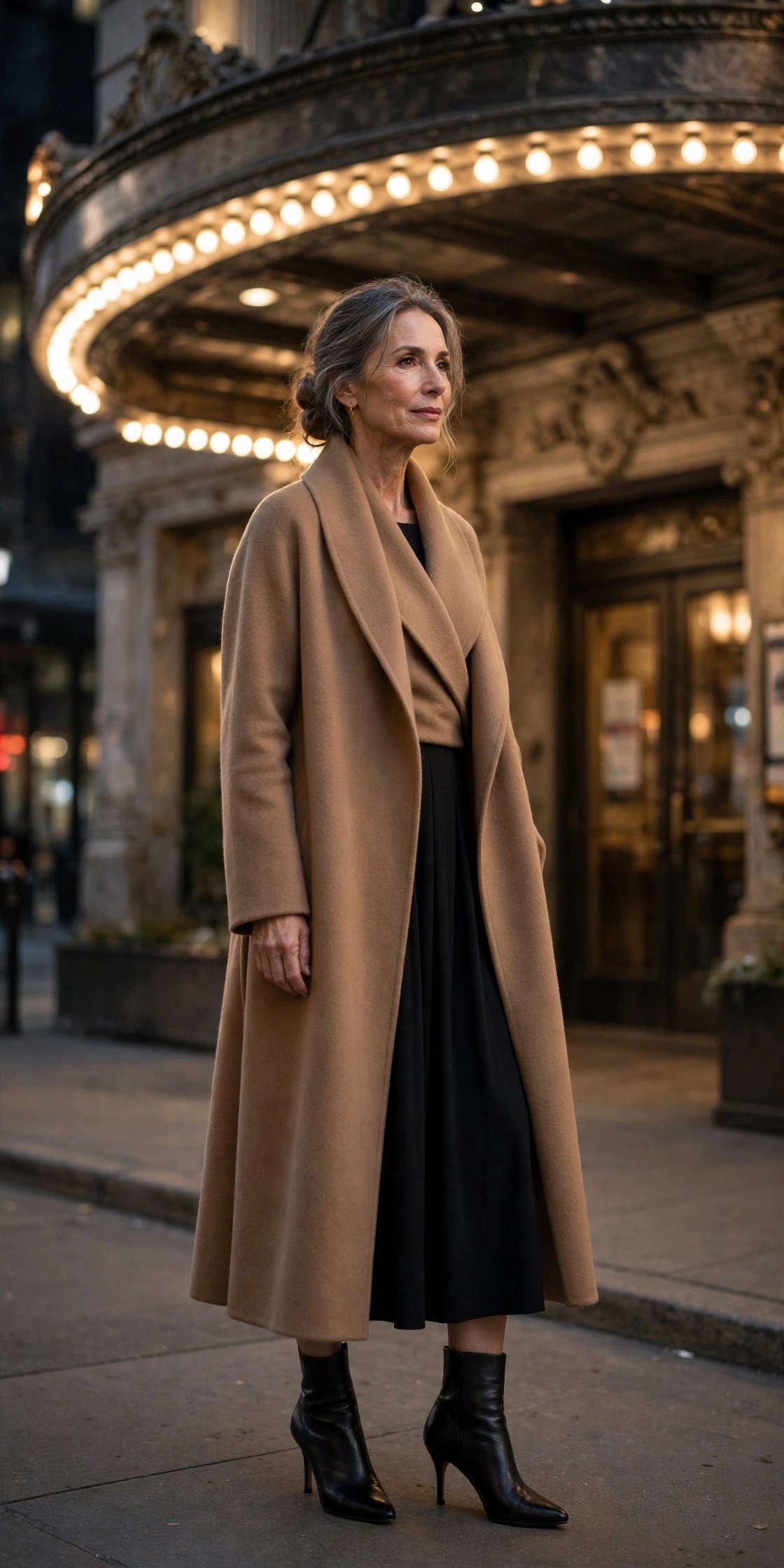 Elegant woman in her 50s wearing a camel cashmere wrap coat over a black dress outside a theater marquee