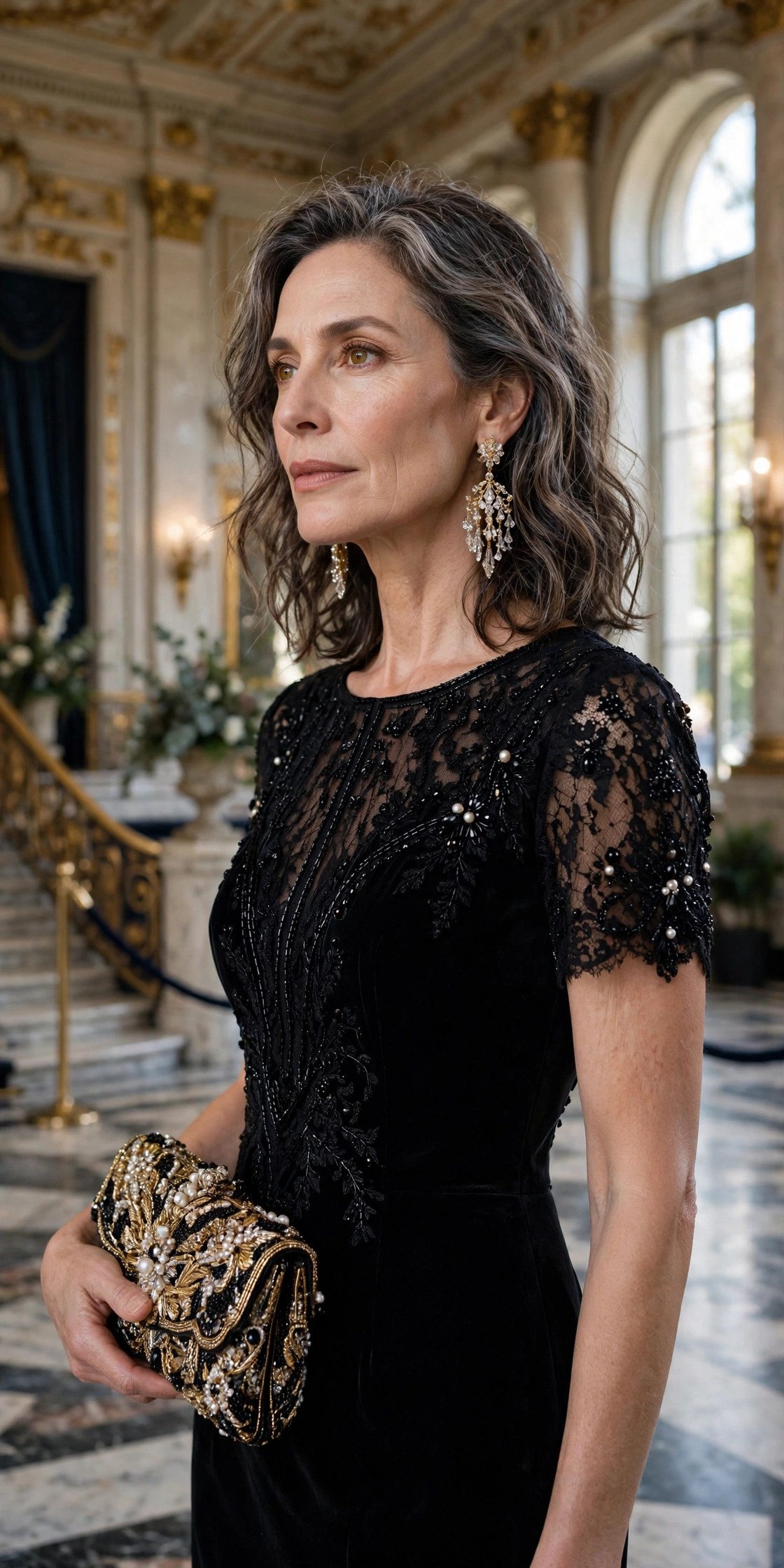 Elegant woman in her 50s wearing a black cocktail dress with a beaded clutch in a theater lobby