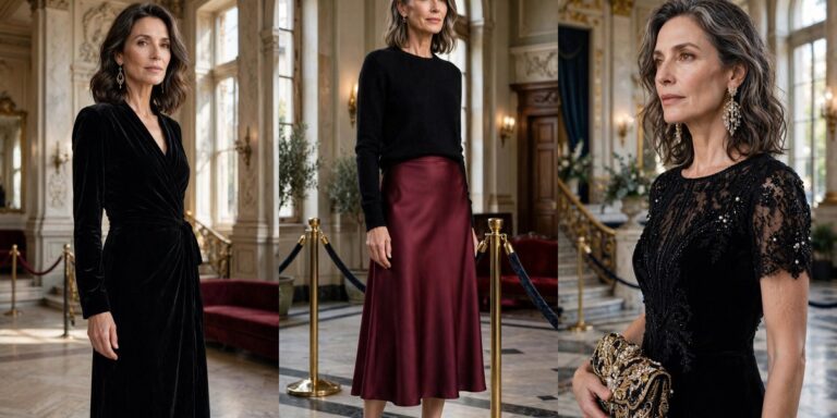 Elegant theater outfits for women over 50: velvet wrap dress, burgundy satin skirt, cocktail dress