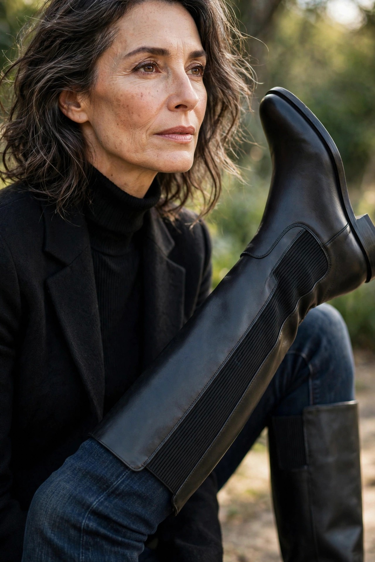 Close-up of black wide-calf knee-high boots with elastic gusset panel worn with dark jeans