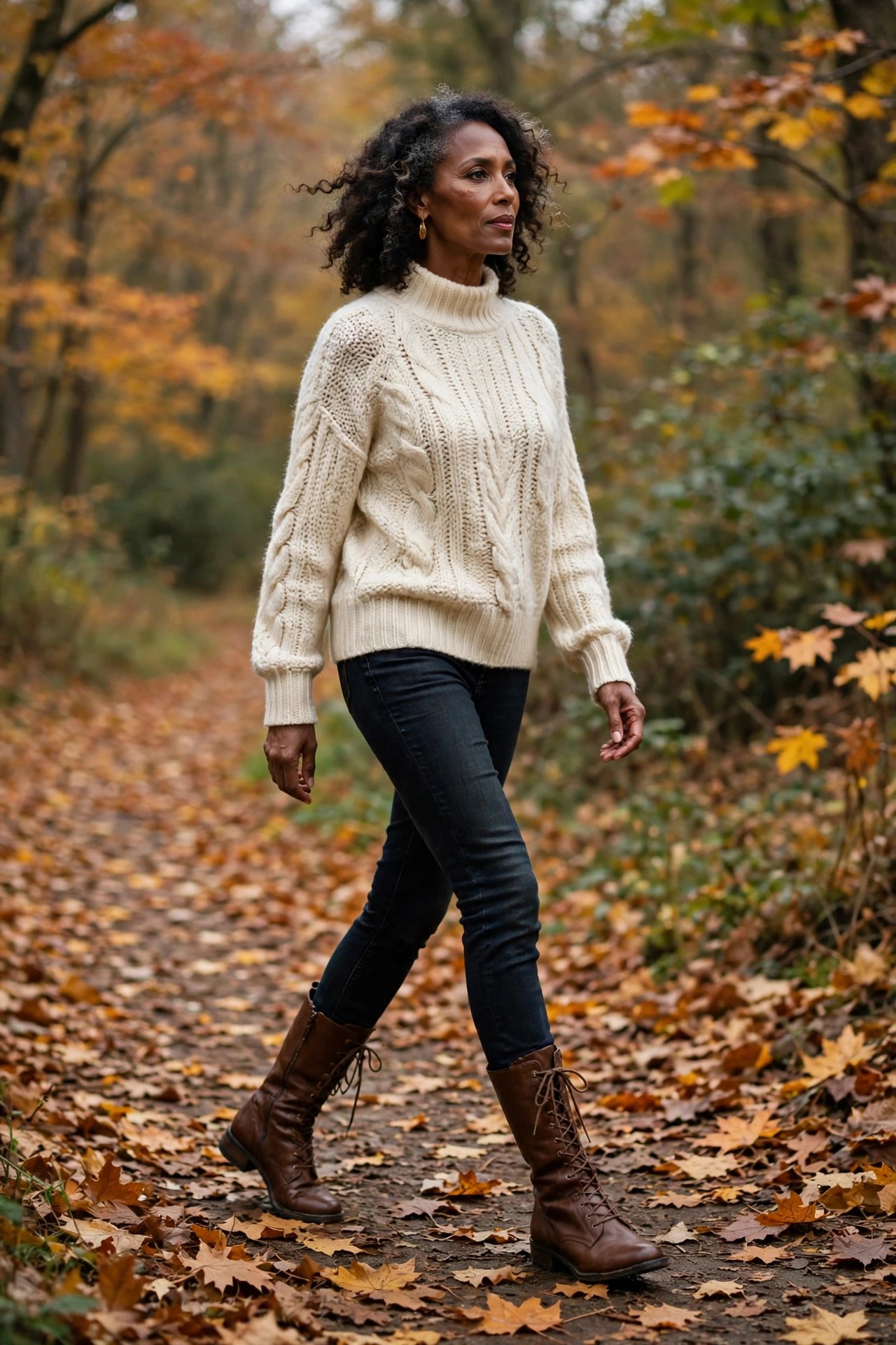 Woman in her 50s wearing brown lace-up wide-calf boots with skinny jeans and a cream sweater