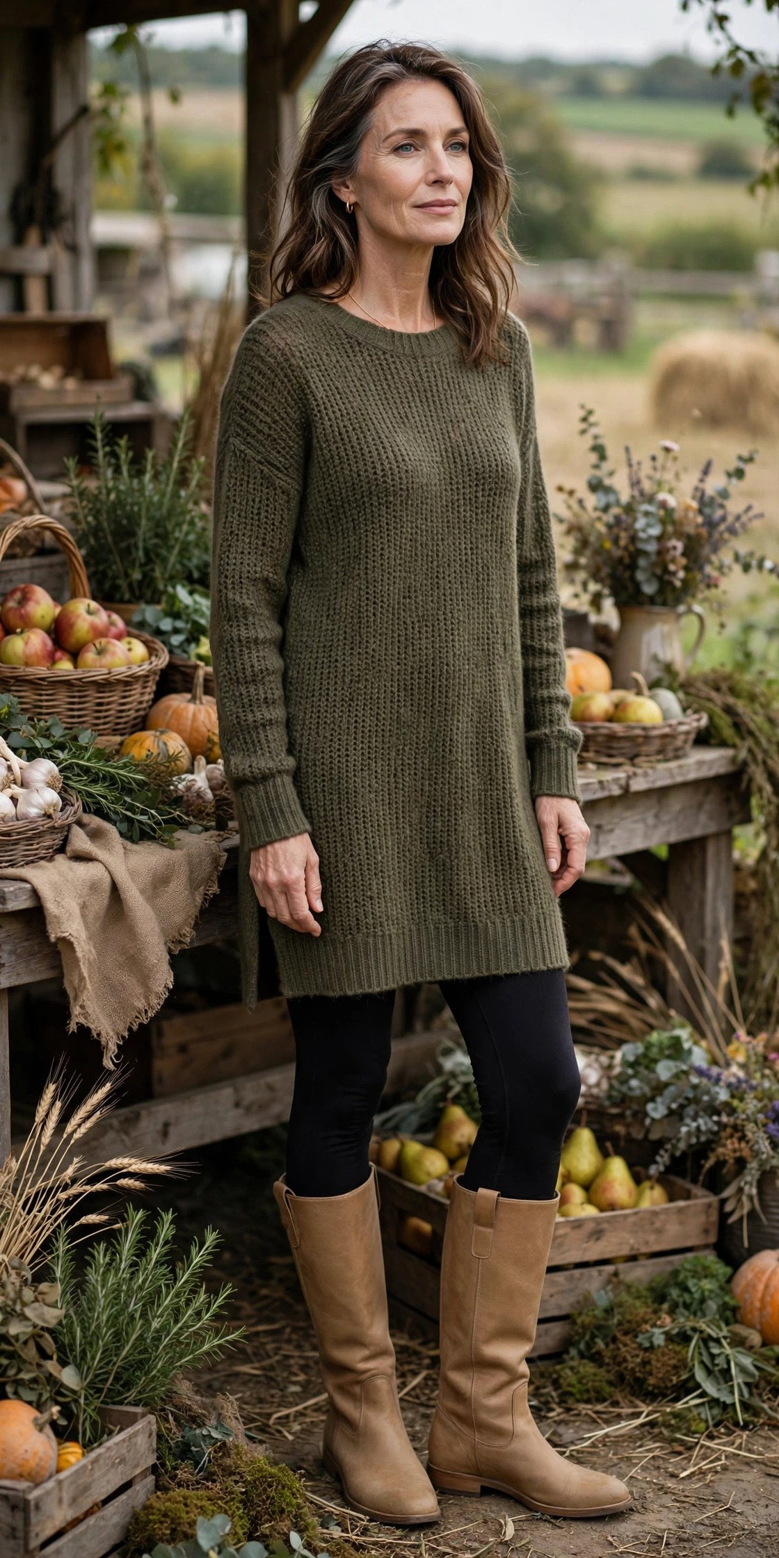 Woman in her 50s wearing tan flat wide-calf riding boots with black leggings and an olive tunic