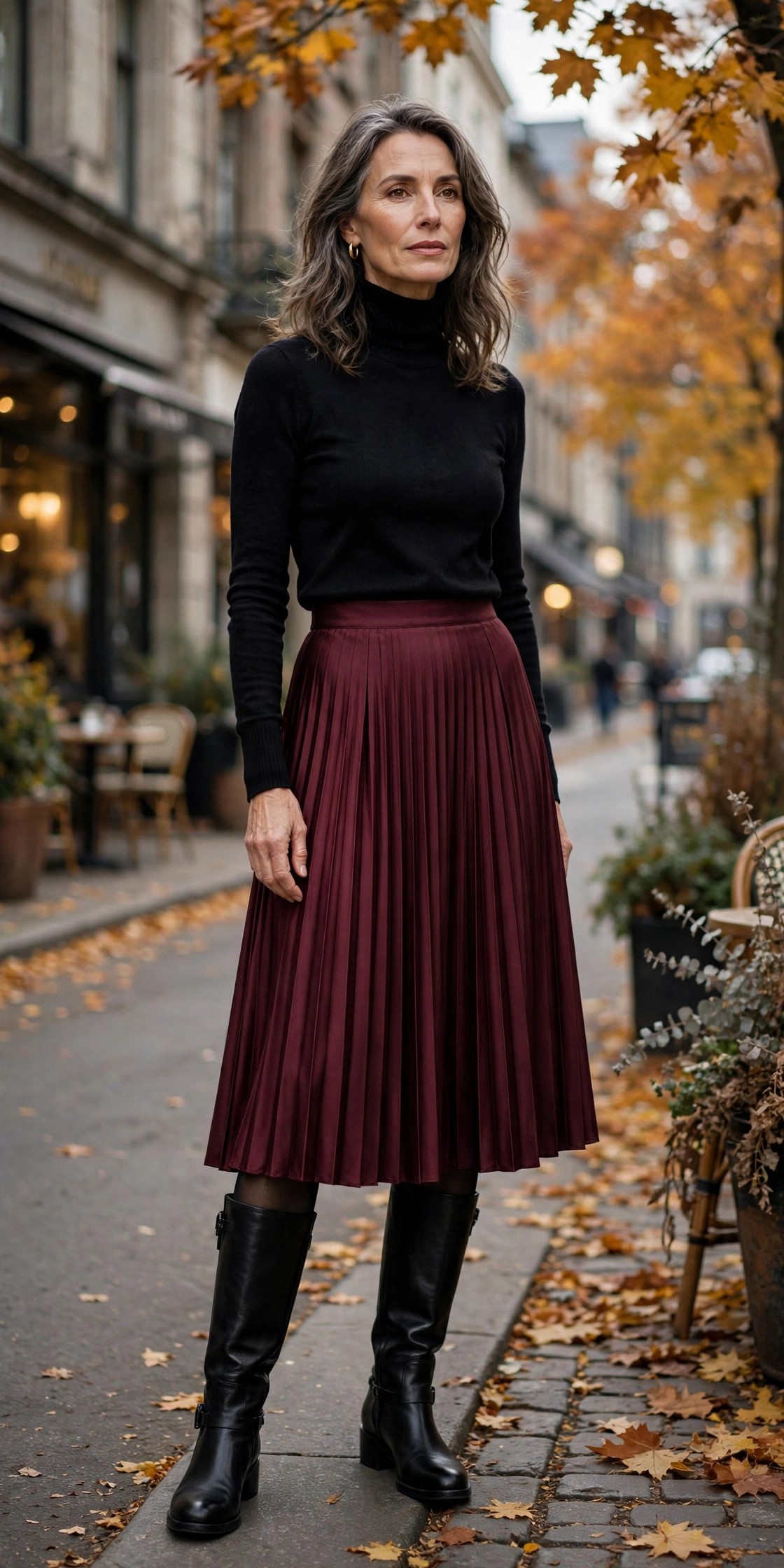 Woman in her 50s wearing black wide-calf knee boots with a burgundy midi skirt and black tights