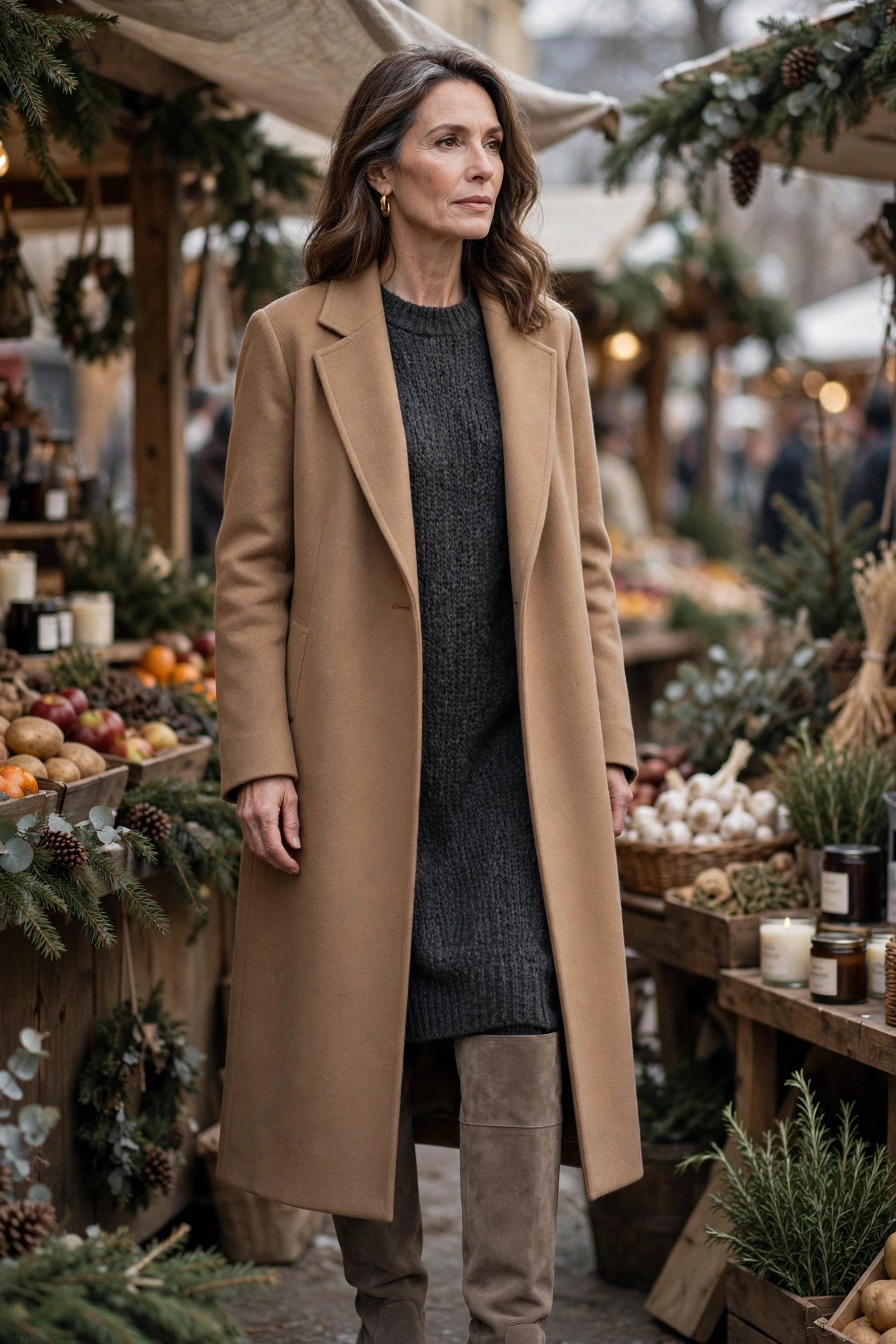 Woman in her 50s wearing taupe suede wide-calf boots with a charcoal sweater dress and camel coat