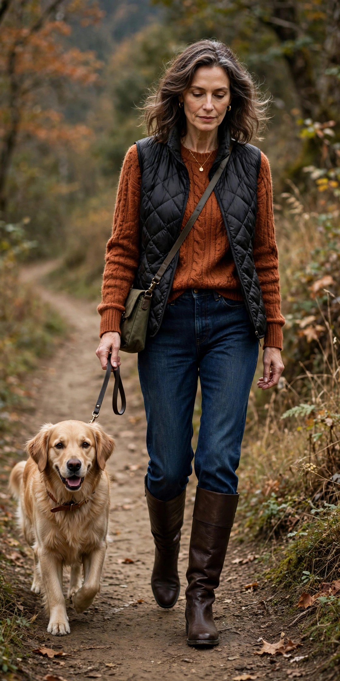 Woman in her 50s wearing dark brown wide-calf boots under straight-leg jeans with a rust sweater and quilted vest