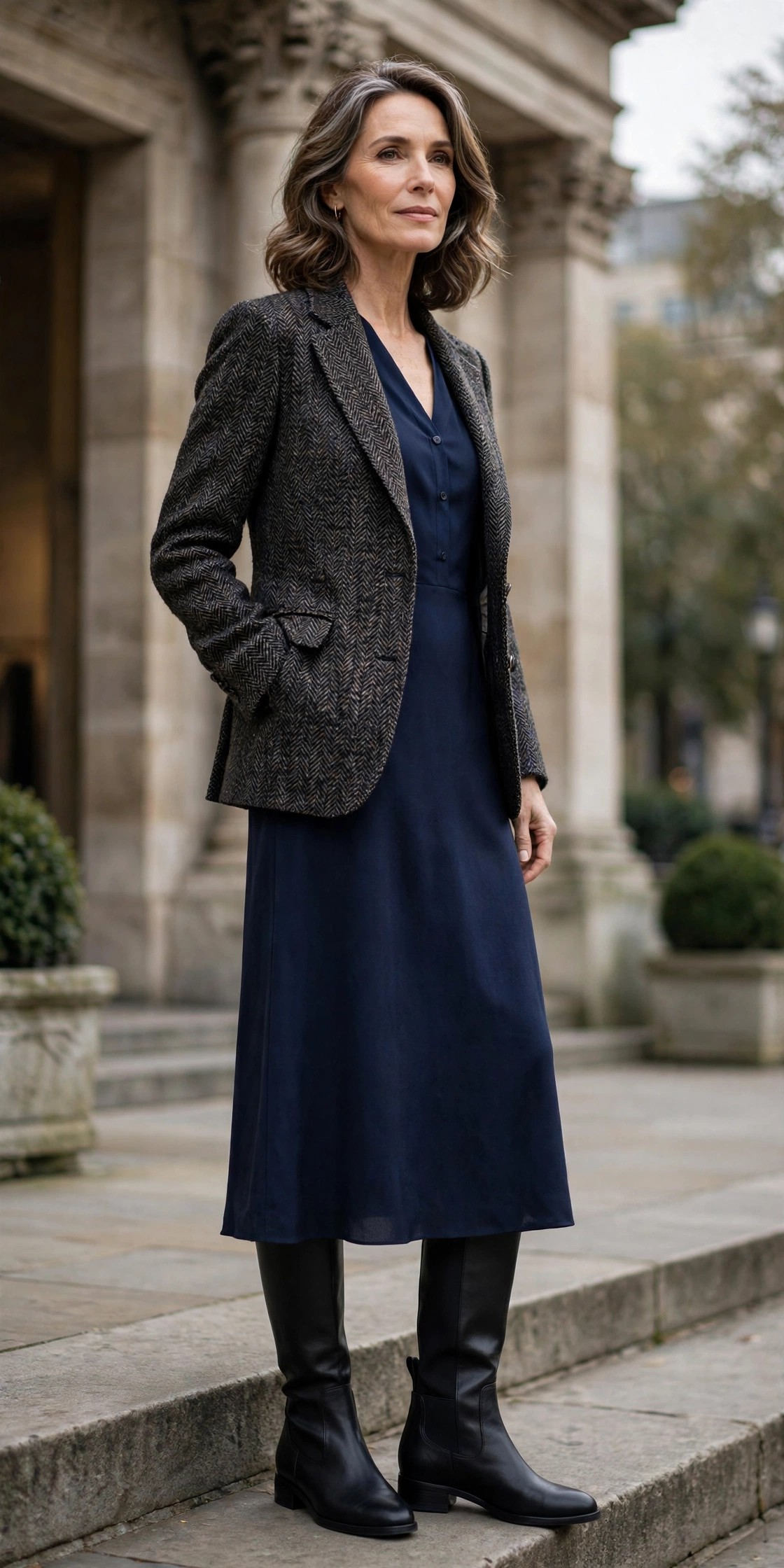 Woman in her 50s wearing black wide-calf boots with a navy midi dress and tweed blazer outside a museum