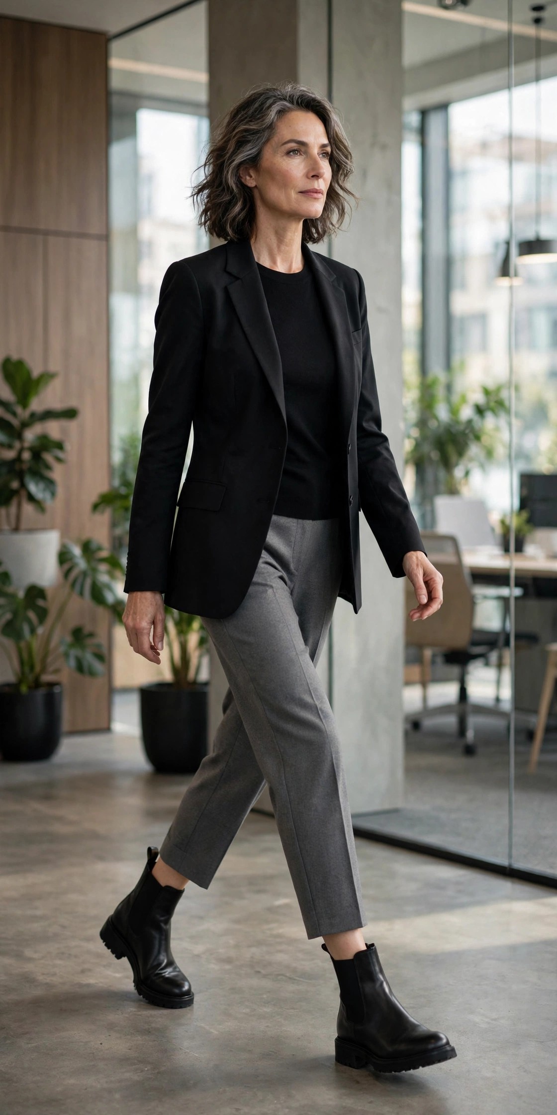 Woman in her 50s wearing black wide-fit chelsea ankle boots with cropped grey trousers and a black blazer