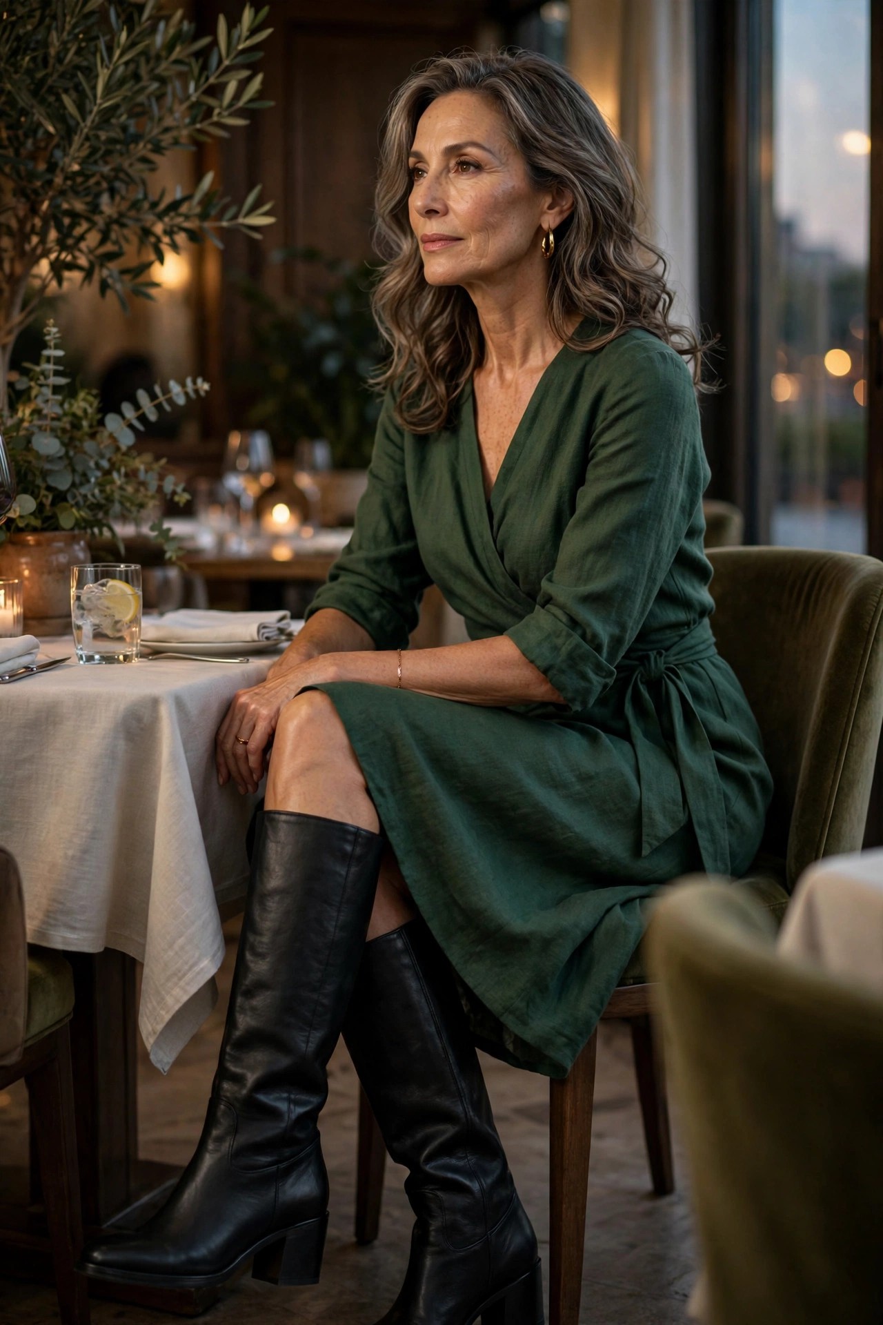 Woman in her 50s wearing black heeled wide-calf knee boots with a forest green wrap dress at a restaurant