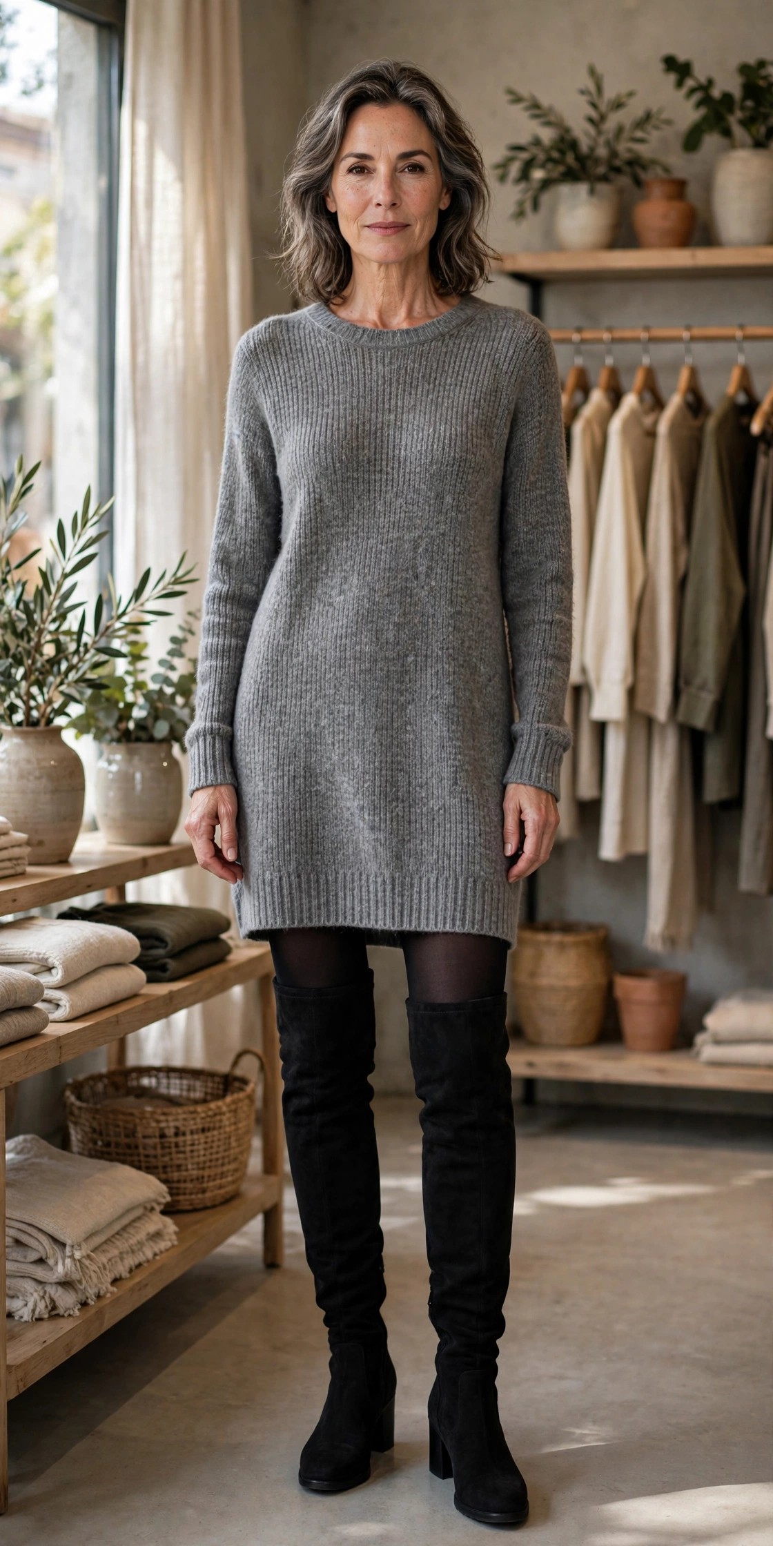 Woman in her 50s wearing black wide-fit over-the-knee boots with a grey knit tunic dress in a boutique