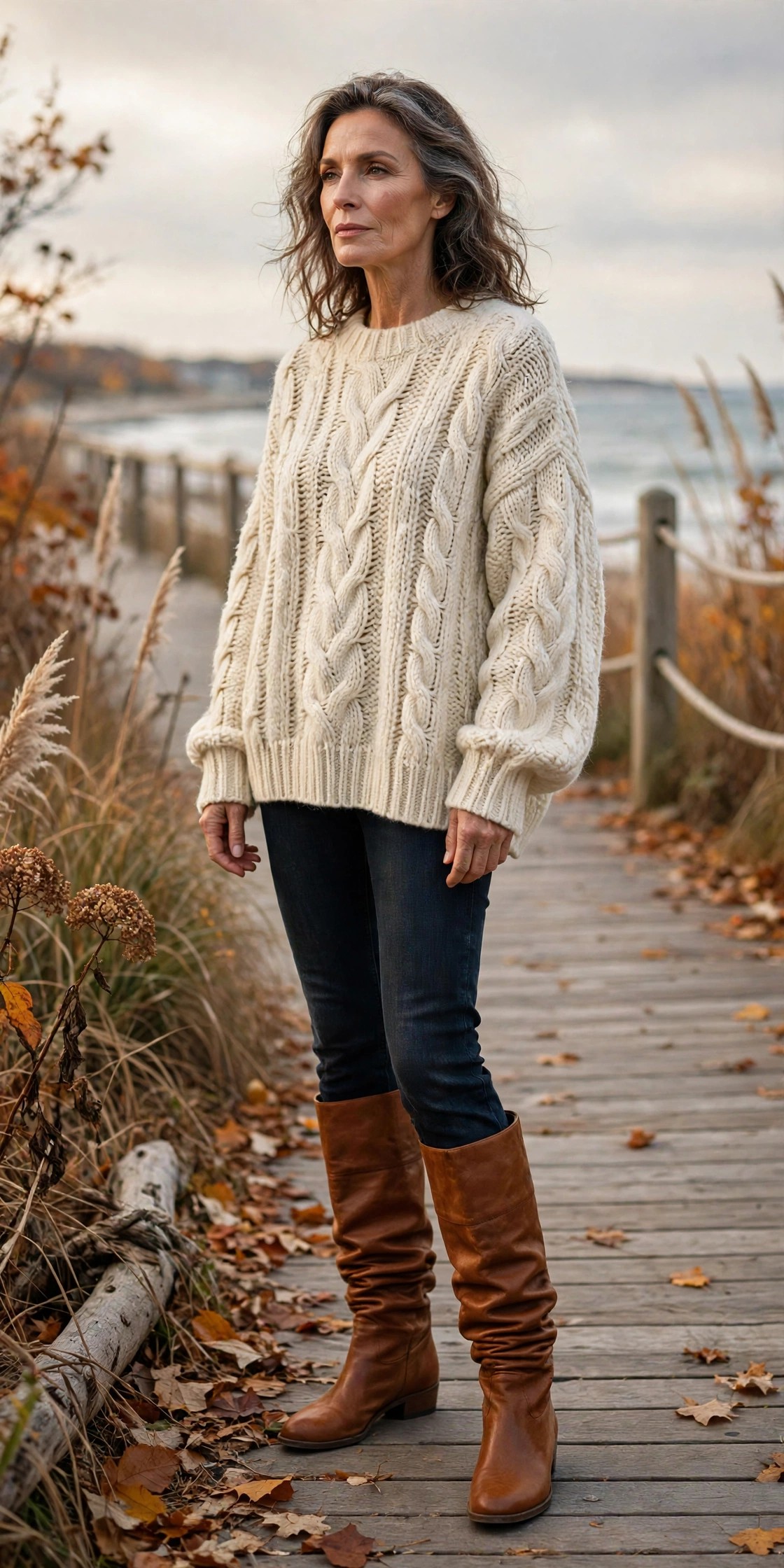 Woman in her 50s wearing slouchy cognac wide-calf boots with skinny jeans and an oversized cream sweater