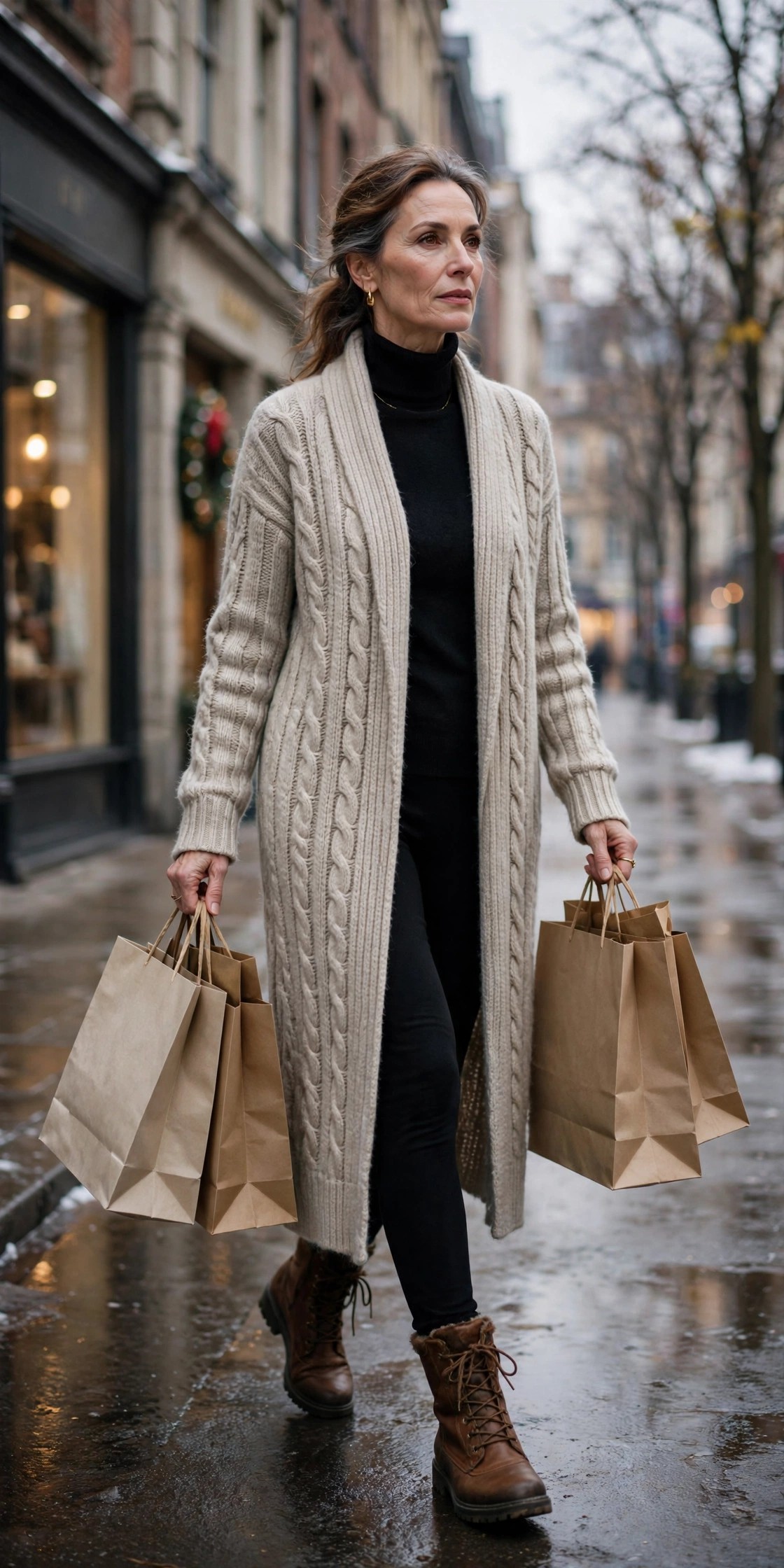 Woman in her 50s wearing a long oatmeal cardigan with black leggings and brown lace-up winter boots