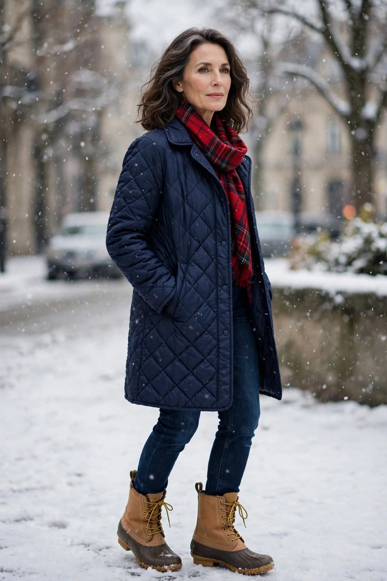 Woman in her 50s wearing a navy quilted coat with a red plaid scarf and tan duck boots in light snow