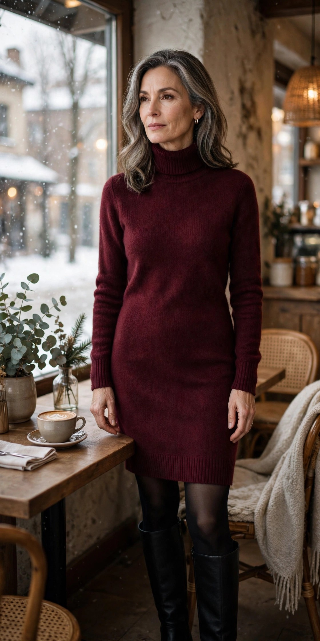 Woman in her 50s wearing a burgundy sweater dress with black tights and black knee-high winter boots at a cafe