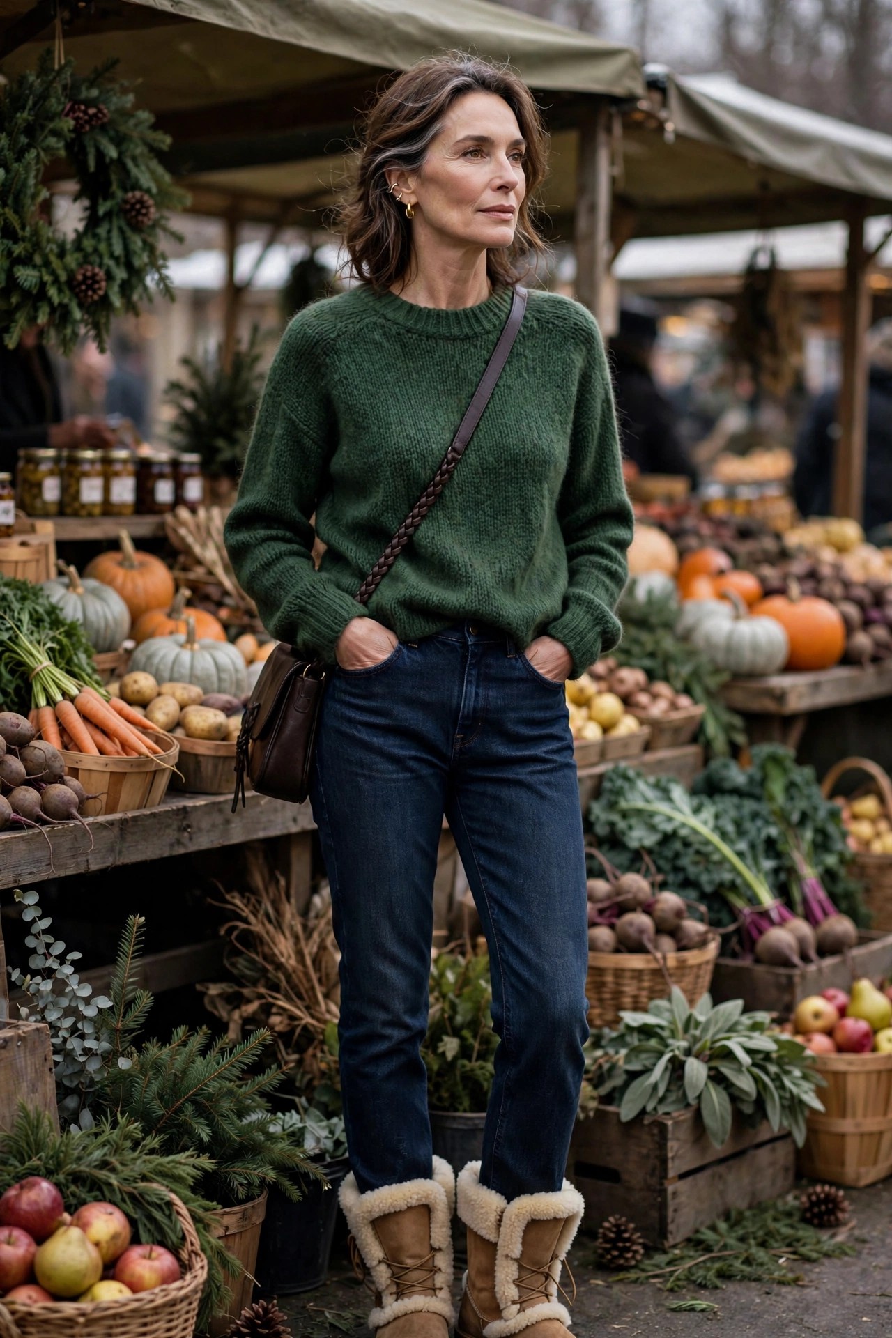 Woman in her 50s wearing dark jeans with a forest green sweater and shearling-lined winter boots at a market