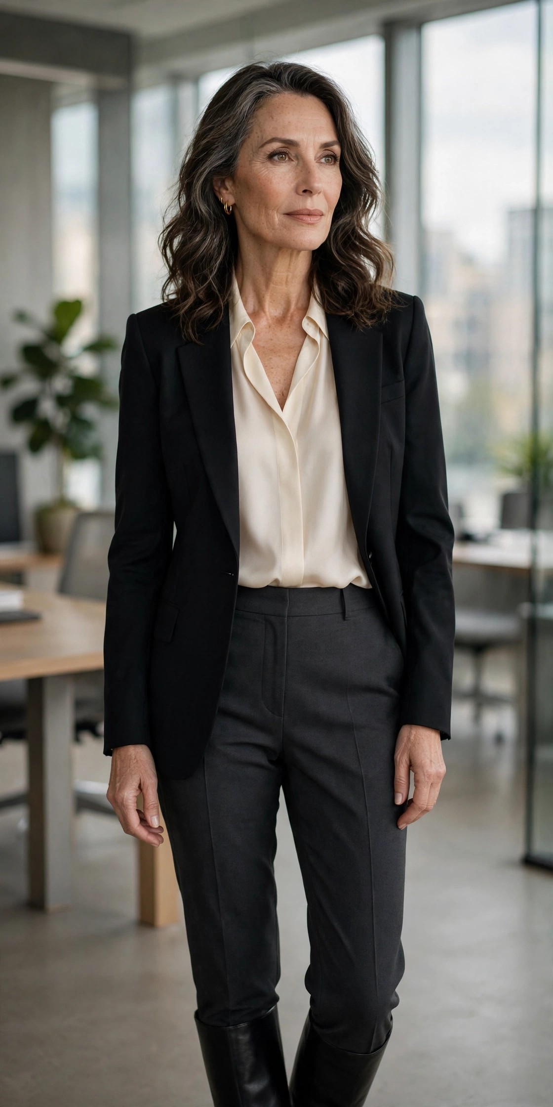 Woman in her 50s wearing tailored charcoal trousers with a cream blouse and black dress boots in an office