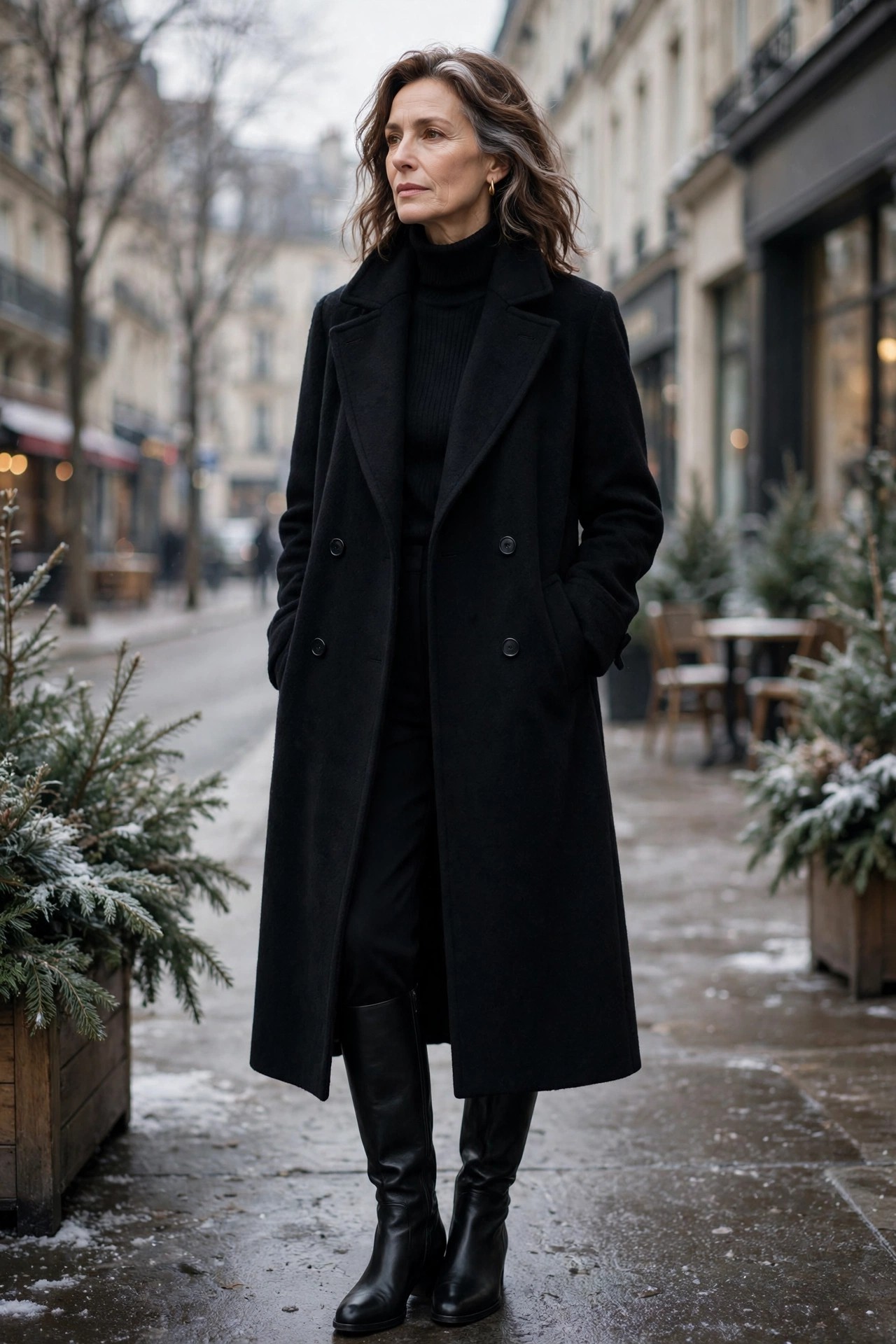 Woman in her 50s wearing an all-black outfit with a long black wool coat and black knee-high boots
