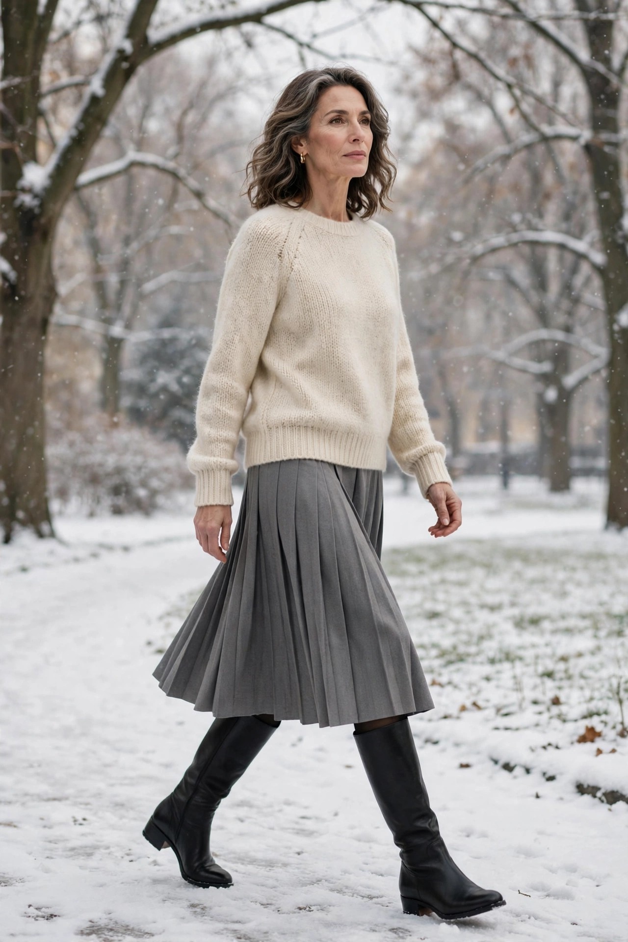 Woman in her 50s wearing a grey pleated midi skirt with black tights and black knee-high boots in a snowy park