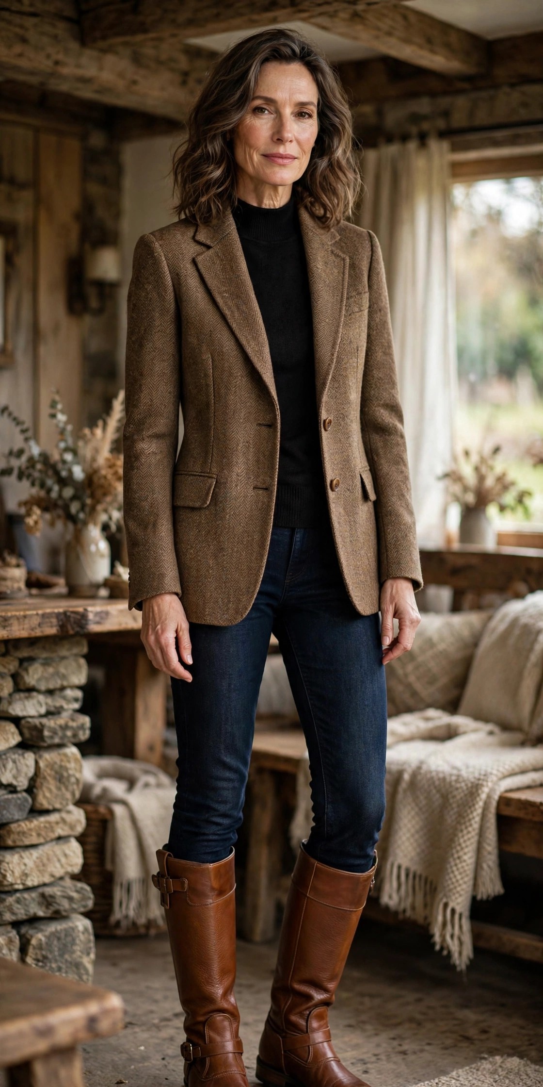 Woman in her 50s wearing a brown tweed blazer with dark jeans and cognac riding-style winter boots