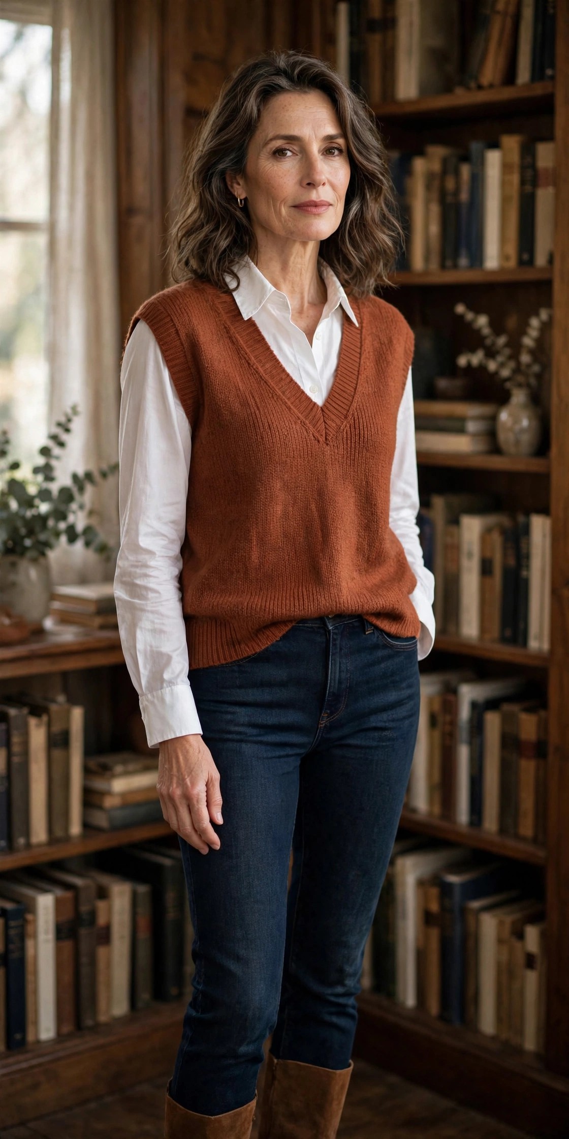 Woman in her 50s wearing a white shirt under a rust sweater vest with dark jeans and brown ankle boots