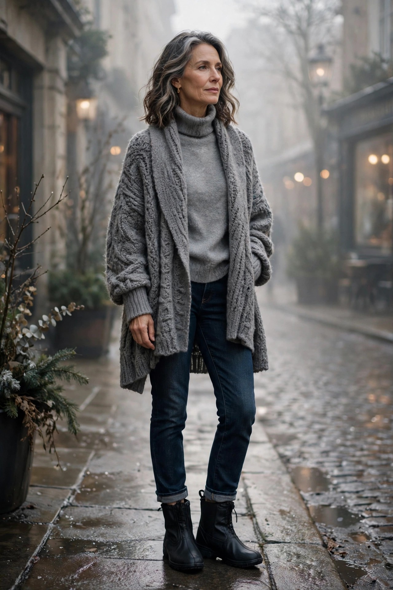 Woman in her 50s wearing layered grey knits with dark jeans and black waterproof ankle booties