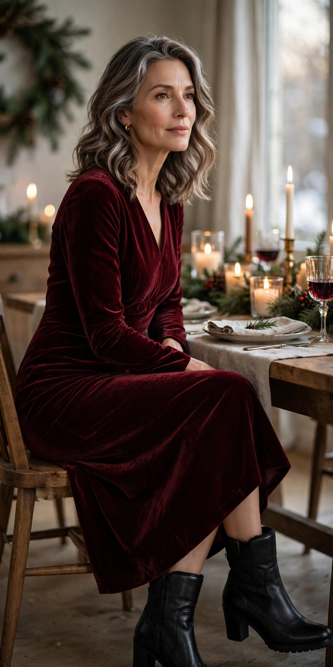 Woman in her 50s wearing a burgundy velvet midi dress with black heeled winter boots at a holiday dinner