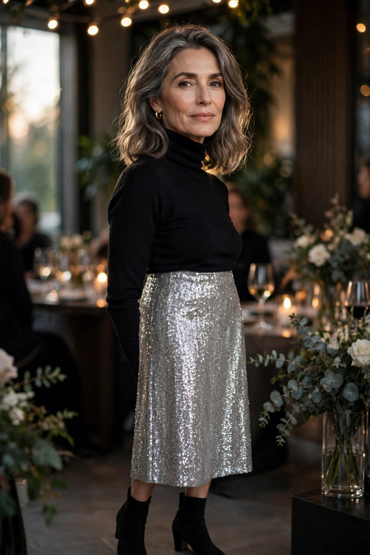 Woman in her 50s wearing a silver sequin midi skirt with a black turtleneck and black ankle booties