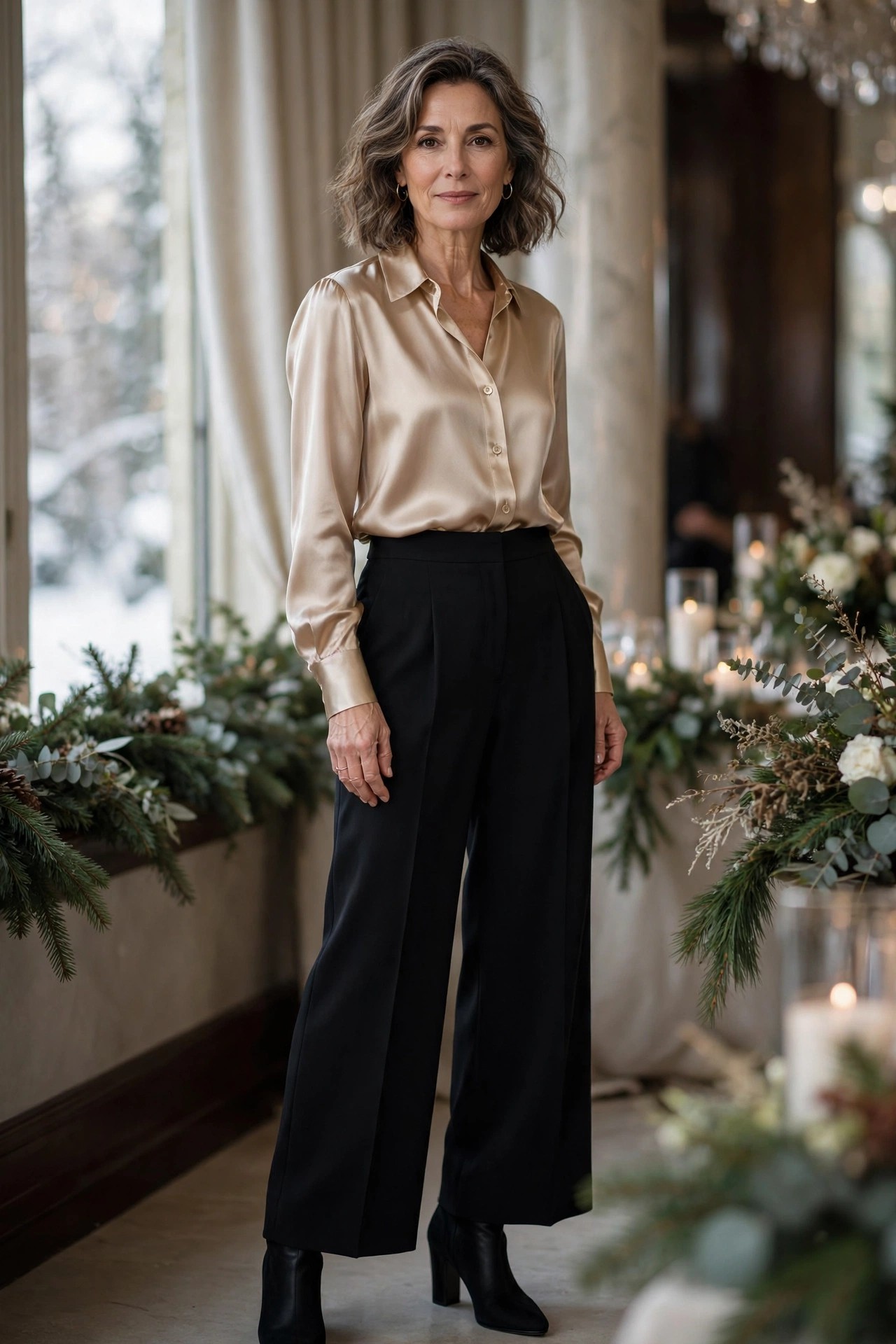 Woman in her 50s wearing a champagne satin blouse with black wide-leg trousers and black heeled boots