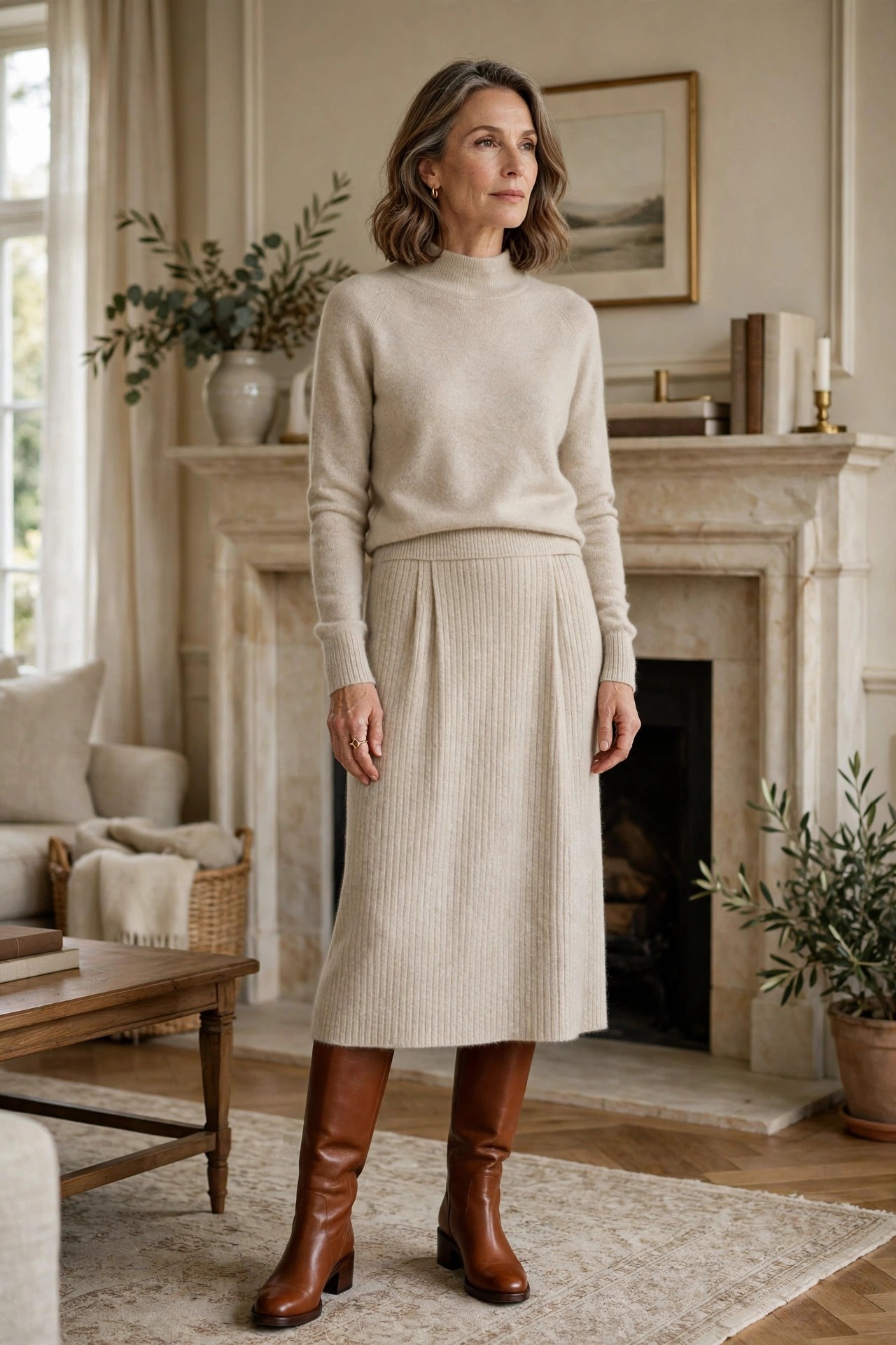 Woman in her 50s wearing an oatmeal cashmere sweater and skirt set with cognac knee-high boots by a fireplace