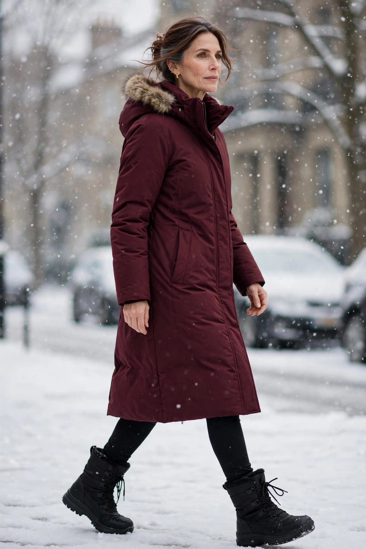 Woman in her 50s wearing black thermal leggings with a burgundy parka and black insulated snow boots in snow