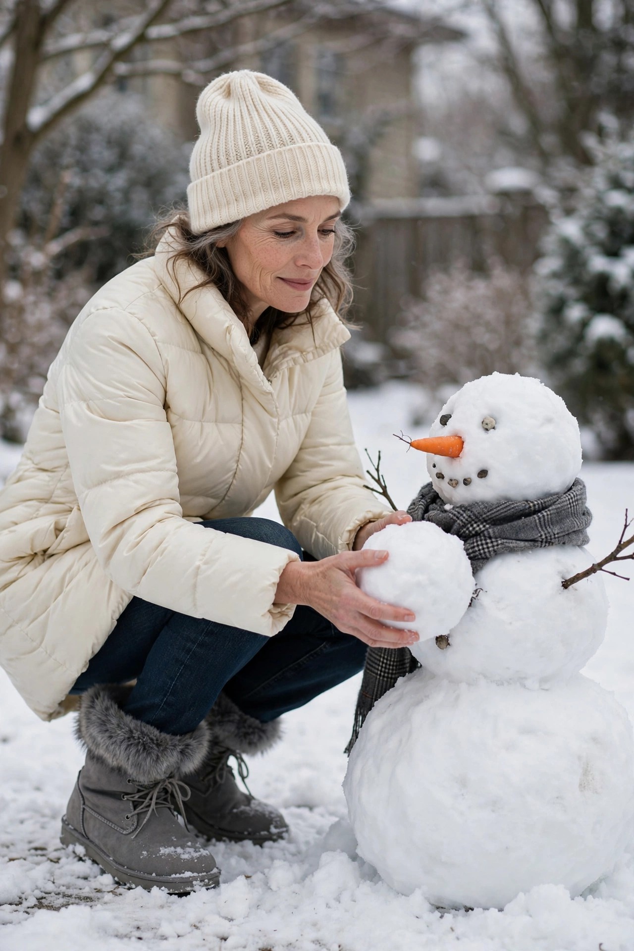 Woman in her 50s wearing grey faux-fur-trim snow boots with dark jeans and a cream puffer coat with knit hat