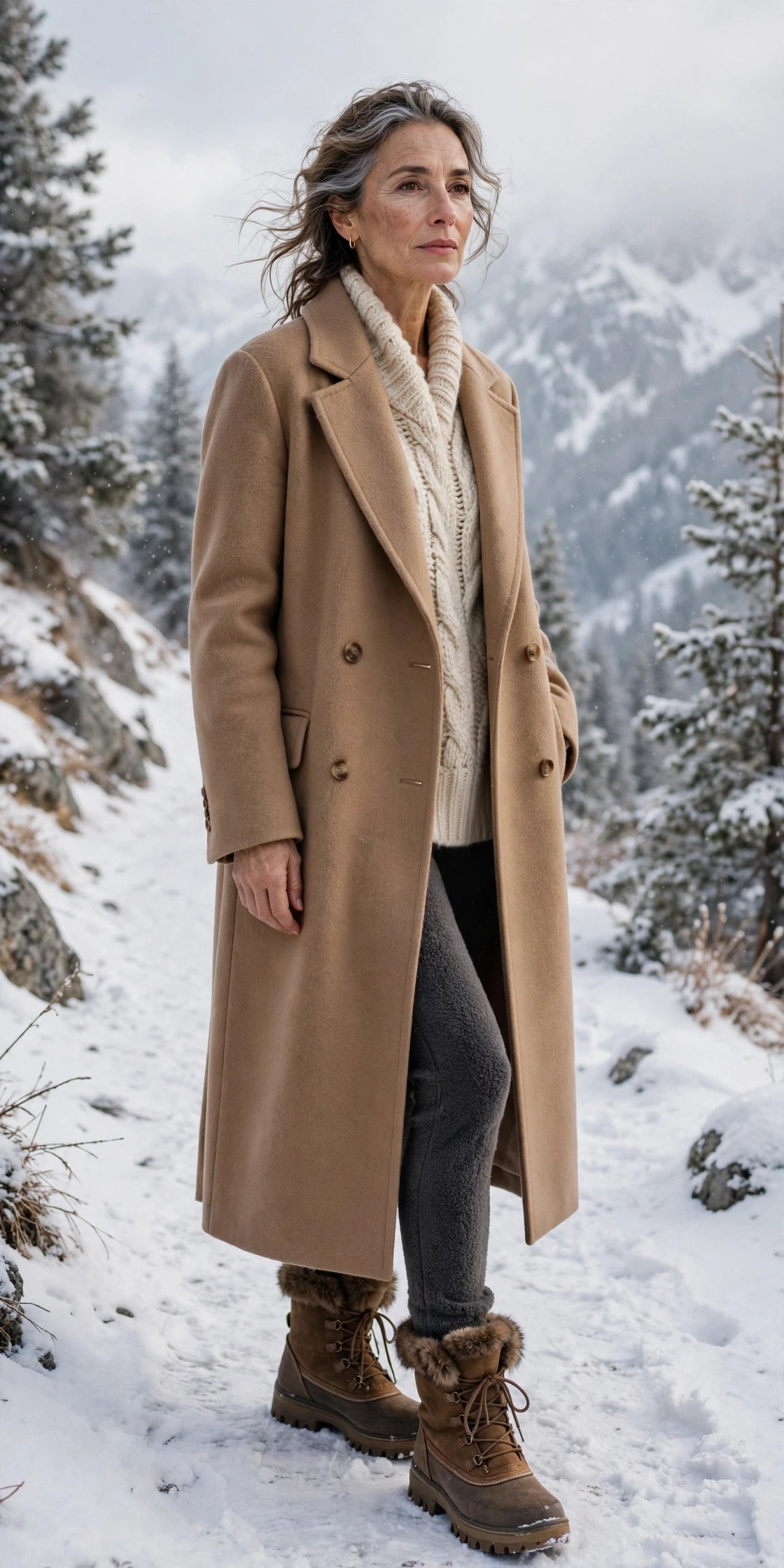 Woman in her 50s wearing a long camel wool coat with a chunky knit and brown snow boots on a mountain path