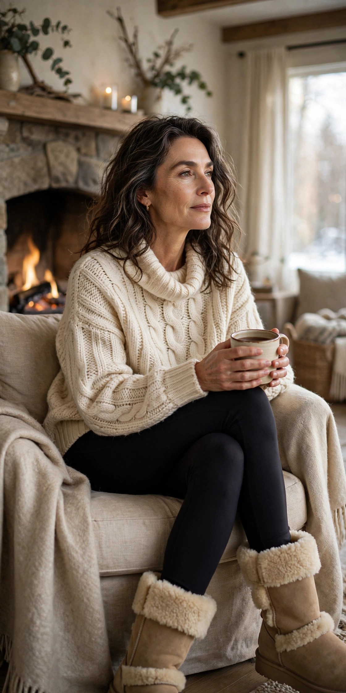 Woman in her 50s wearing a chunky cream knit sweater with black leggings and shearling cuff winter boots by a fireplace