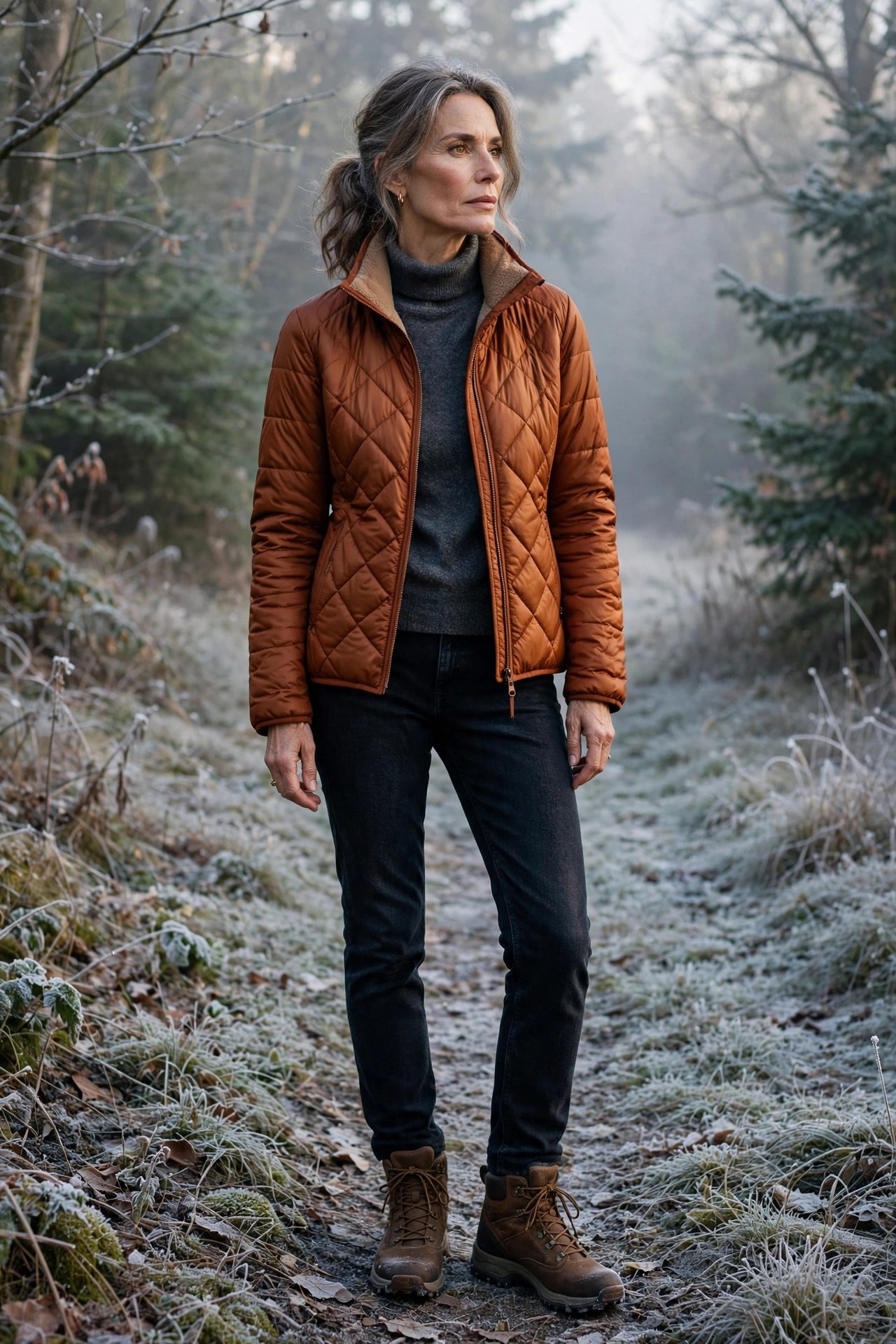 Woman in her 50s wearing fleece-lined dark jeans with a rust quilted jacket and brown hiking-style winter boots