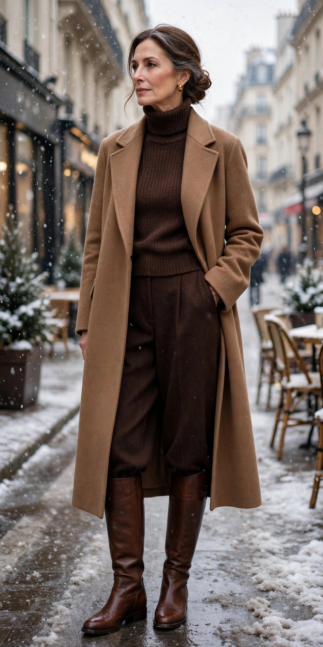 Woman over 50 in chocolate brown turtleneck, wide-leg wool trousers, camel coat and brown knee-high boots