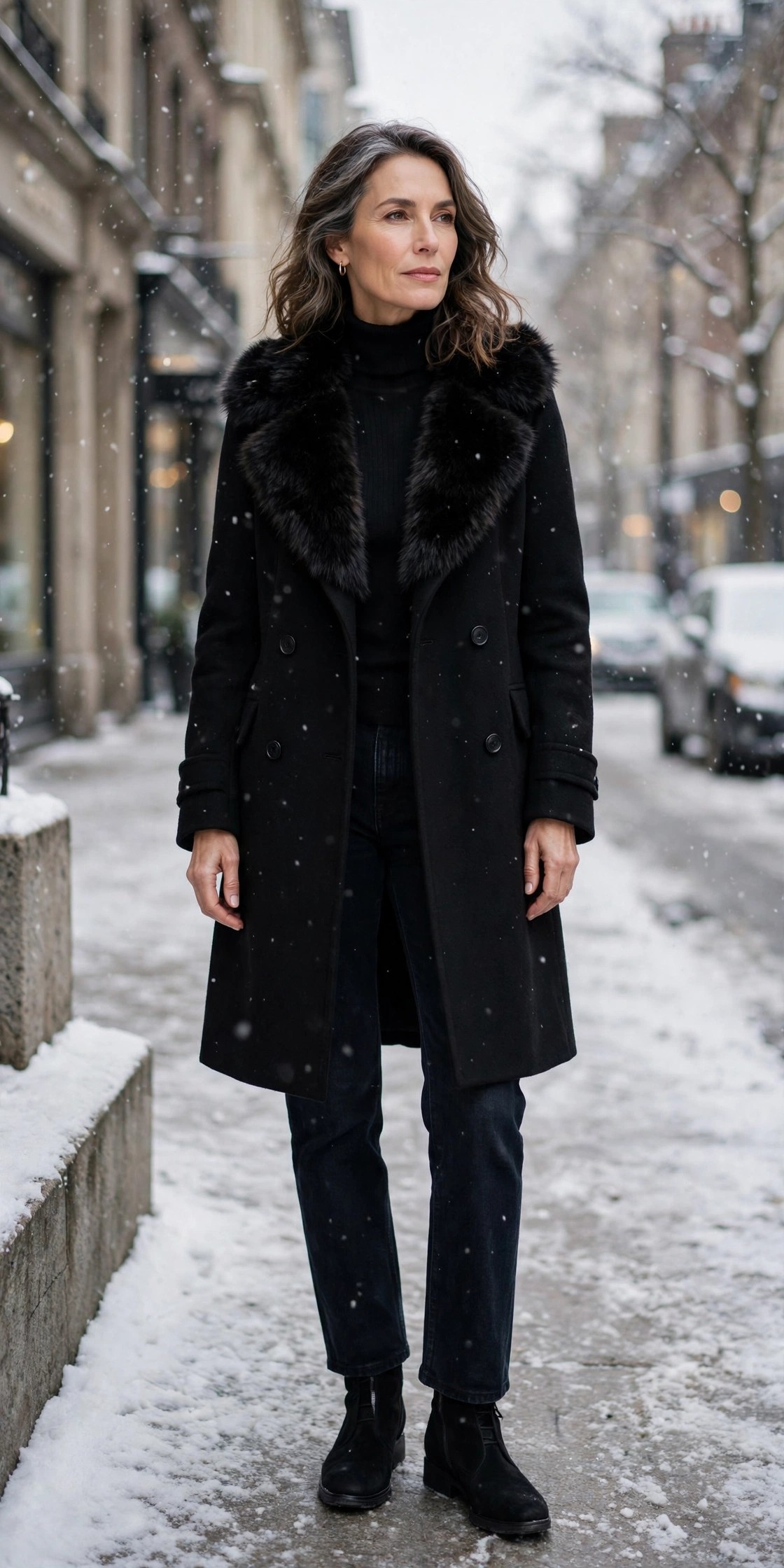 Woman over 50 in black wool coat with faux-fur collar, black turtleneck, dark jeans and ankle boots
