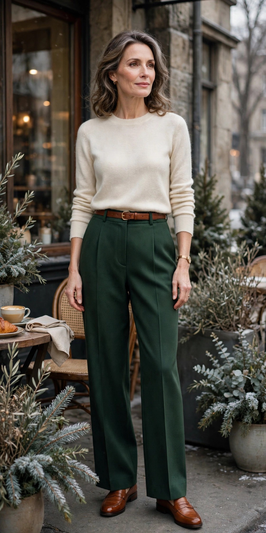 Woman over 50 in forest green tailored wide-leg trousers, cream sweater and cognac loafers in winter
