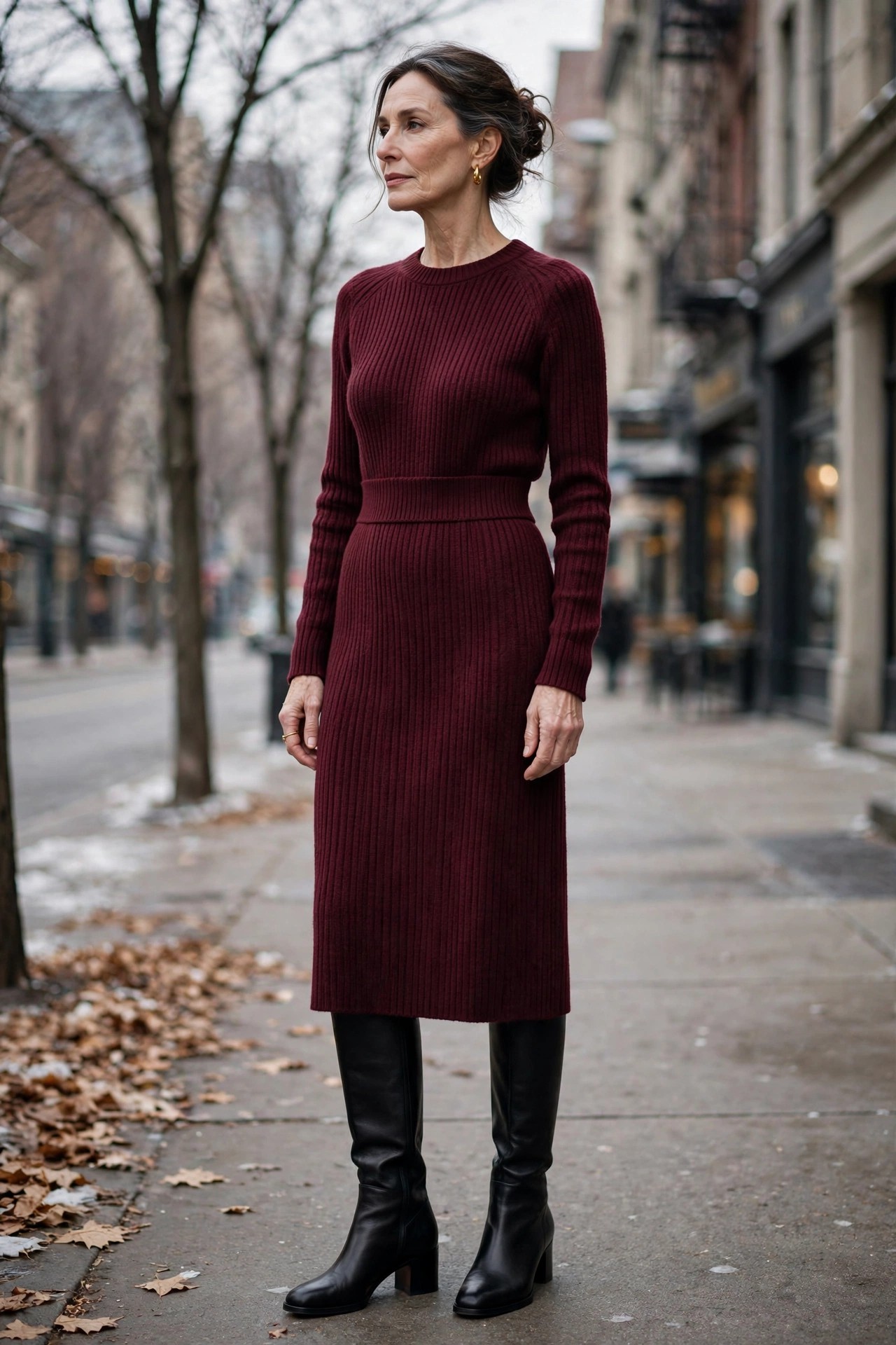 Woman over 50 in burgundy ribbed knit midi sweater dress, black tights and knee-high boots