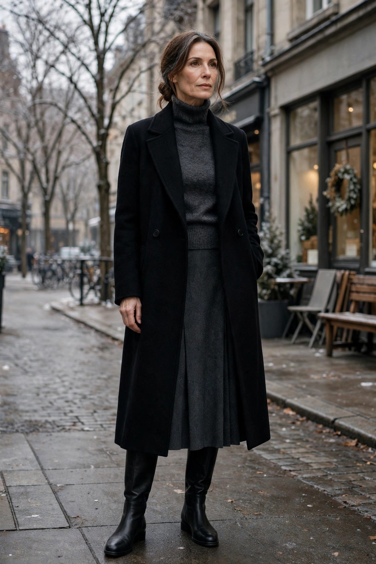 Woman over 50 in black knee-high boots, charcoal midi skirt, turtleneck and long black winter coat