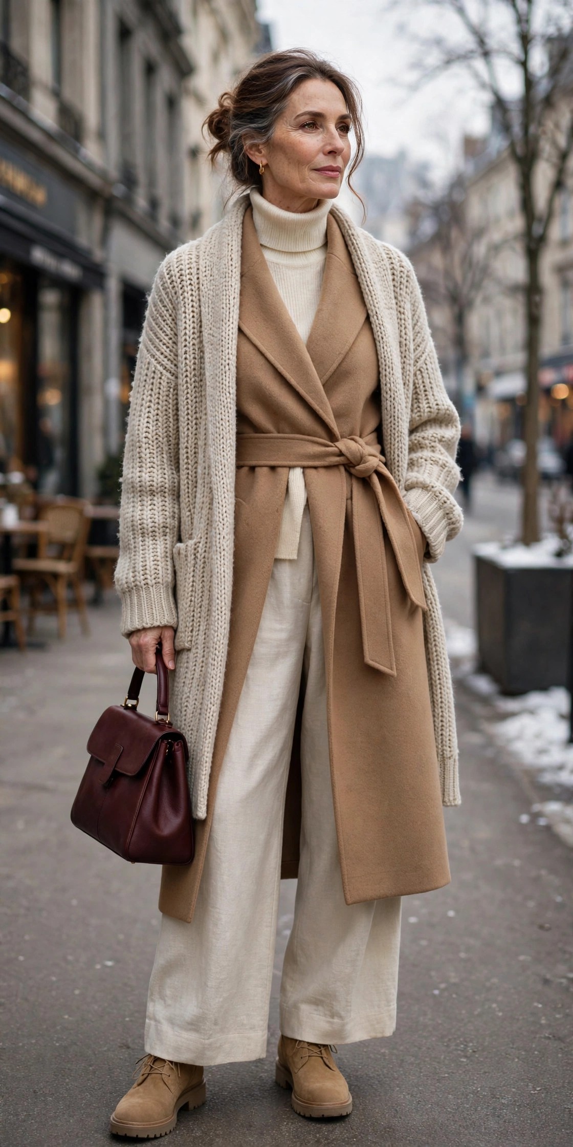 Woman over 50 in tonal cream, oatmeal and camel winter layers with tan boots and burgundy bag