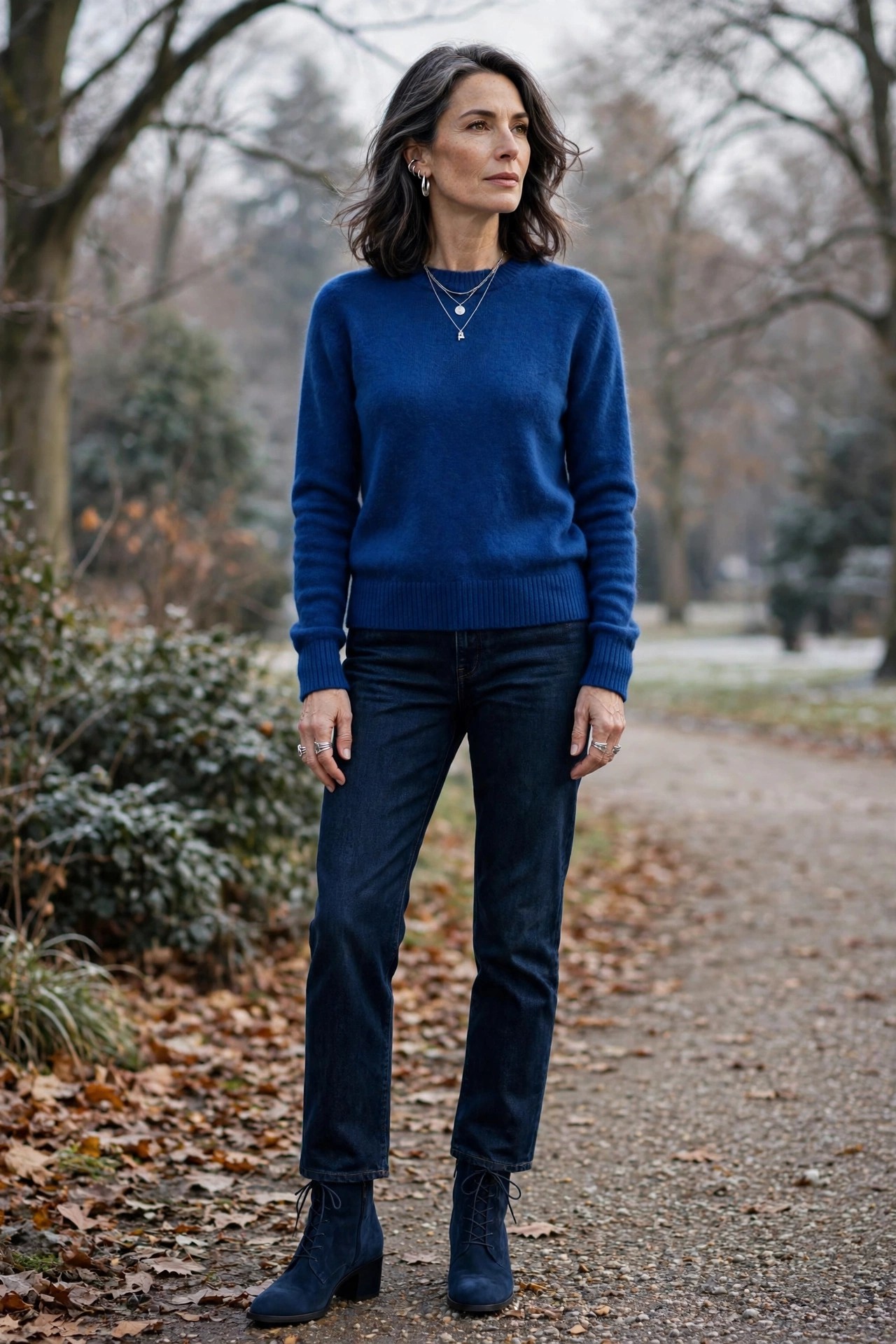Woman over 50 in sapphire blue sweater, dark jeans, navy ankle boots and silver jewelry in winter