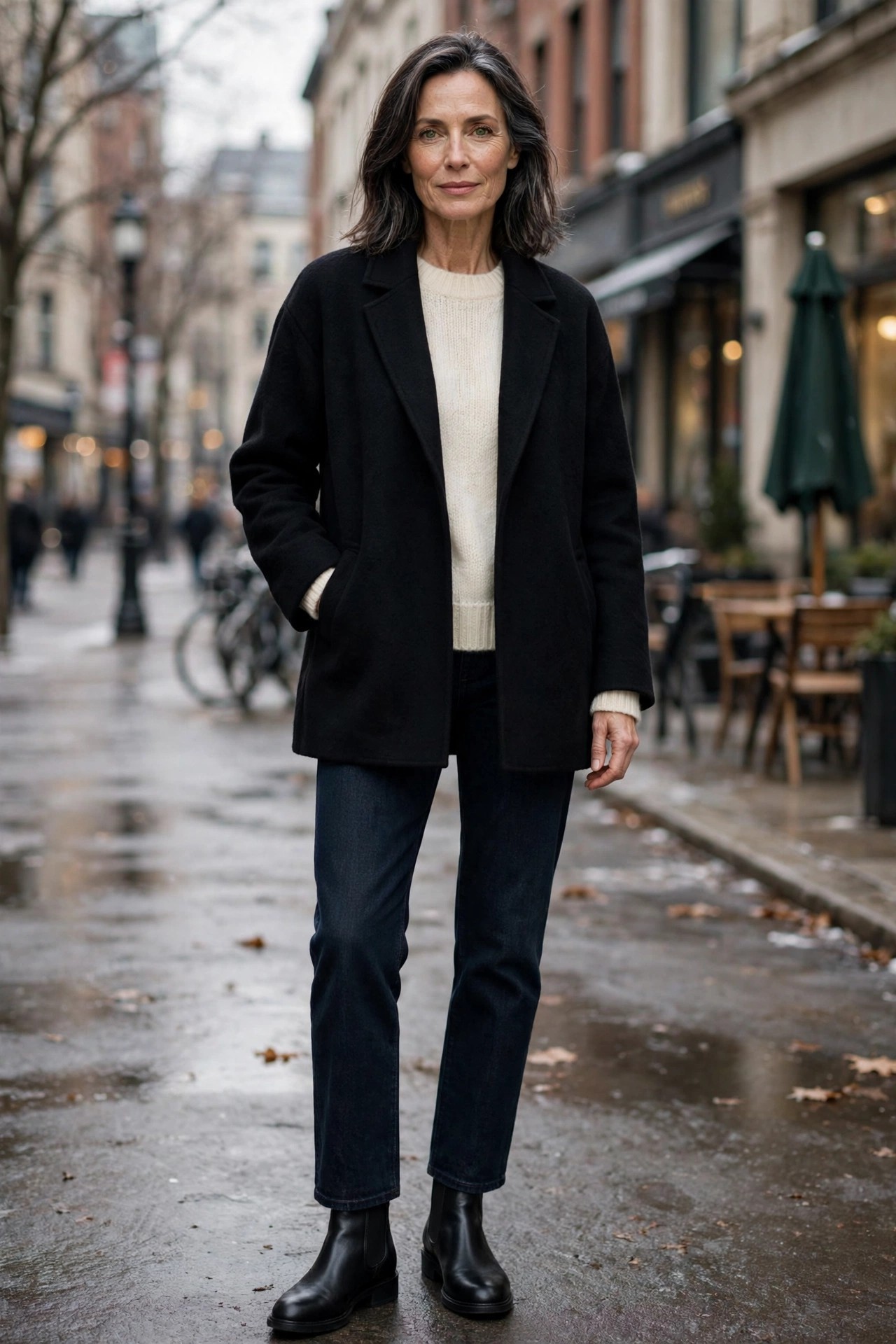 Woman over 50 in hip-length black wool jacket, ivory sweater, dark jeans and Chelsea boots