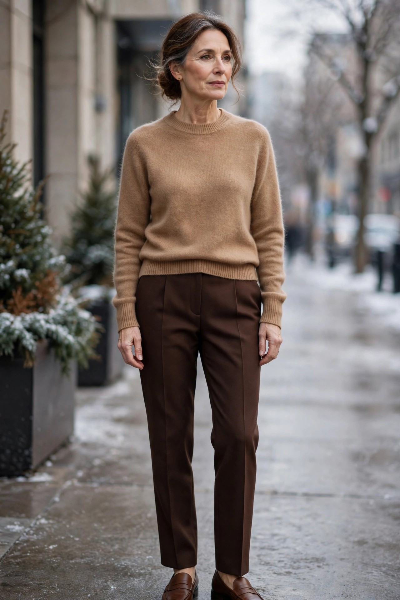 Woman over 50 in camel cashmere sweater, chocolate tailored trousers, gold studs and brown loafers