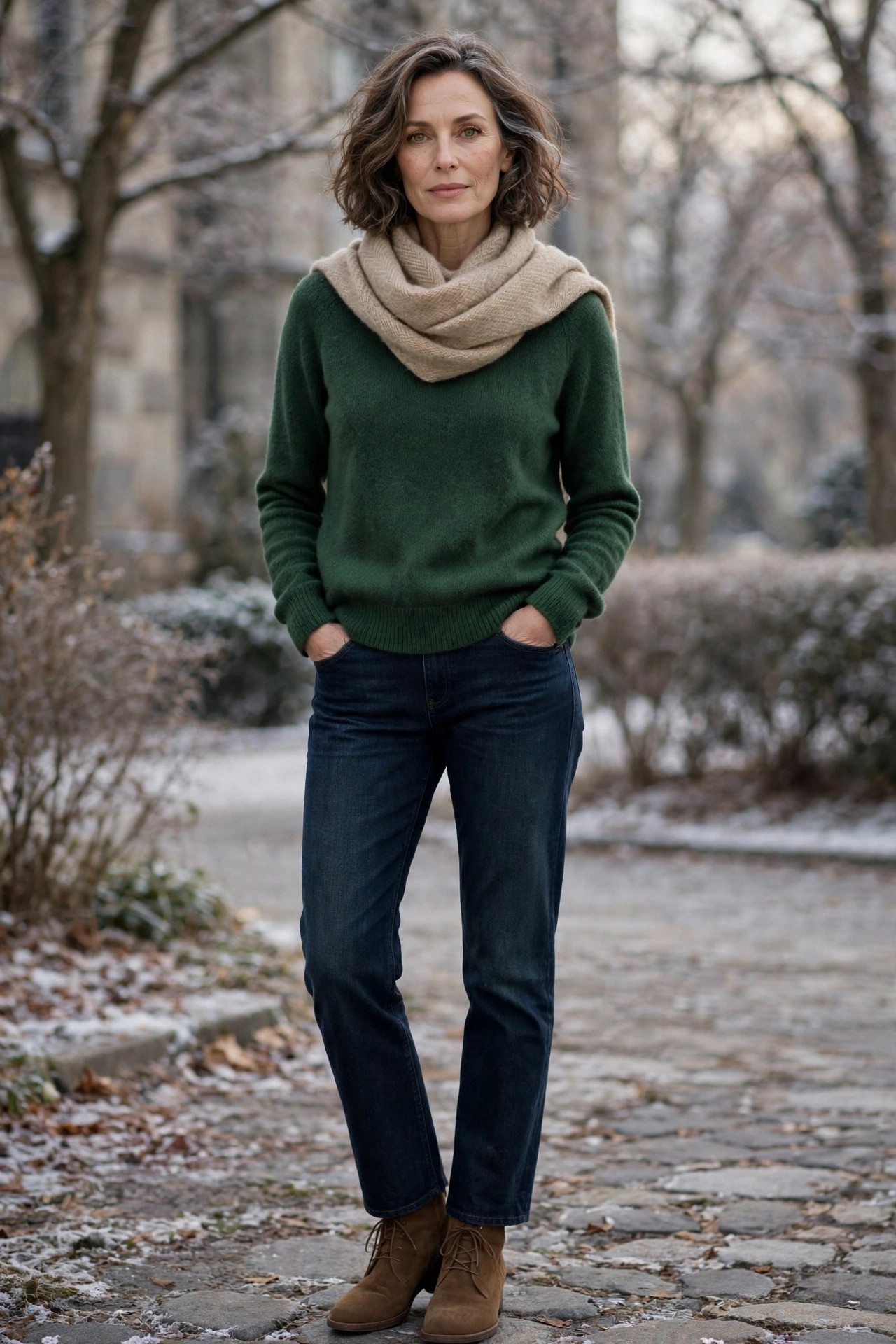 Woman over 50 in forest green merino crewneck, dark jeans, brown boots and wool scarf on a winter day