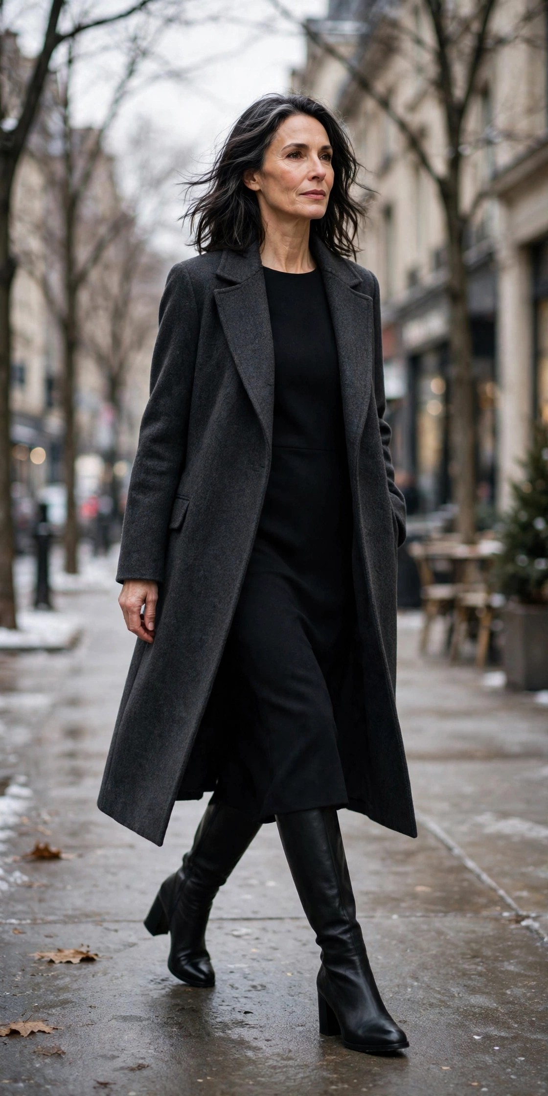 Woman over 50 in black block-heel knee-high boots, black midi dress and charcoal winter coat
