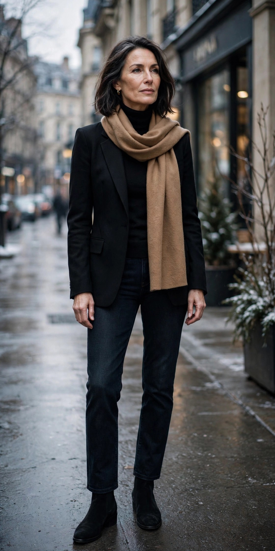 Woman over 50 in black turtleneck, structured blazer, dark jeans, camel scarf and ankle boots
