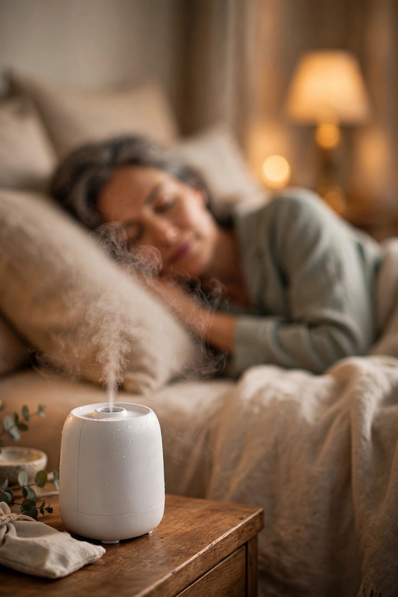 Cool-mist humidifier on a nightstand beside a sleeping woman in a cozy bedroom
