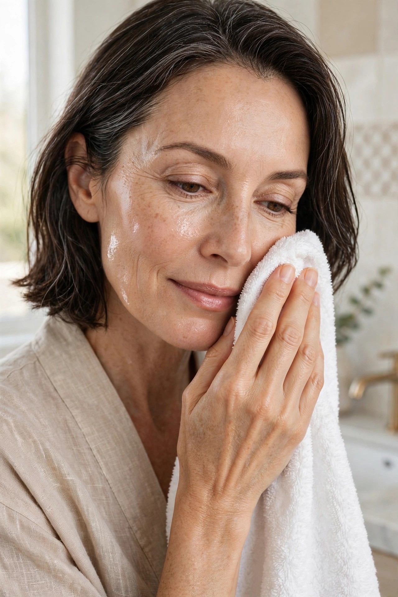 Woman in her 50s gently patting her face dry with a soft white towel