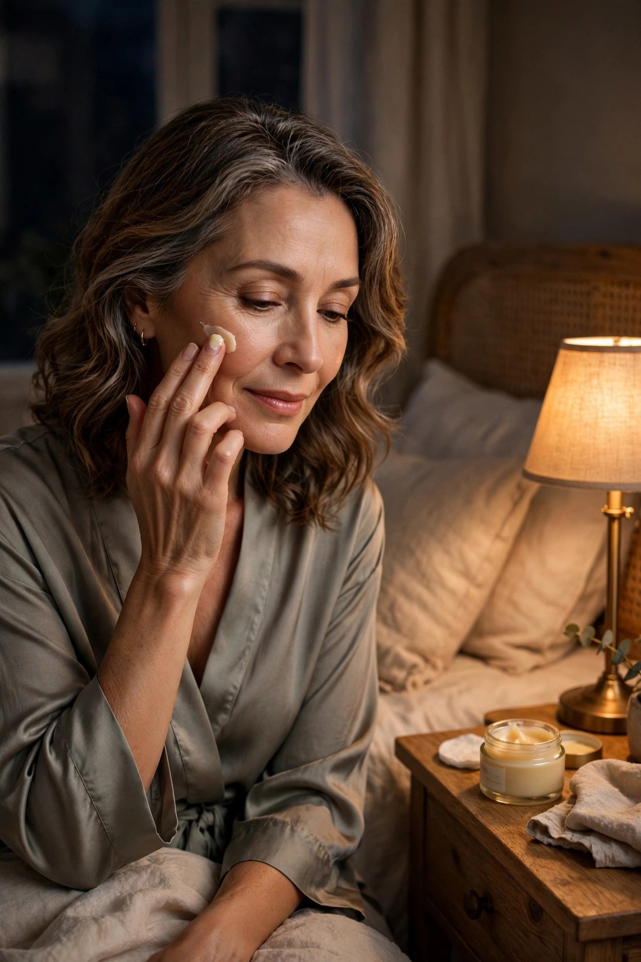 Woman in her 50s applying rich night balm to her cheek in warm lamplight